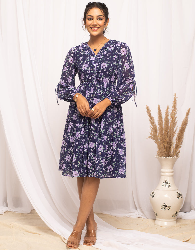 Elegant Blue Georgette Designer Party Dress - Ready to Wear One-Piece with Printed Details | Perfect for Evening Events, Weddings & Special Occasions