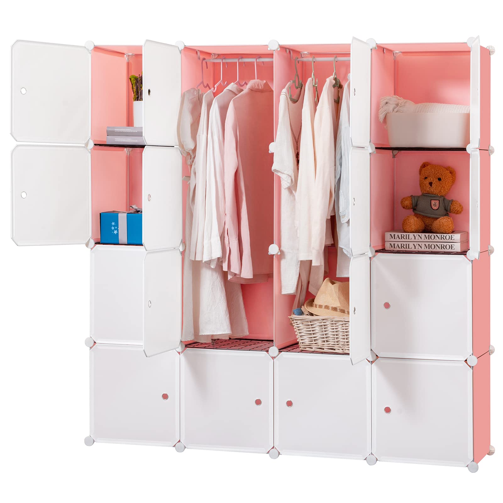 BRIAN & DANY 16-Cube Modular Wardrobe Closet with Doors - Portable Clothes Hanging Organizer, Space Saving Bedroom Armoire for Clothes, Books, Toys & Towels Storage | Perfect for Small Spaces, Dorm Rooms & Kids Bedrooms (Pink)