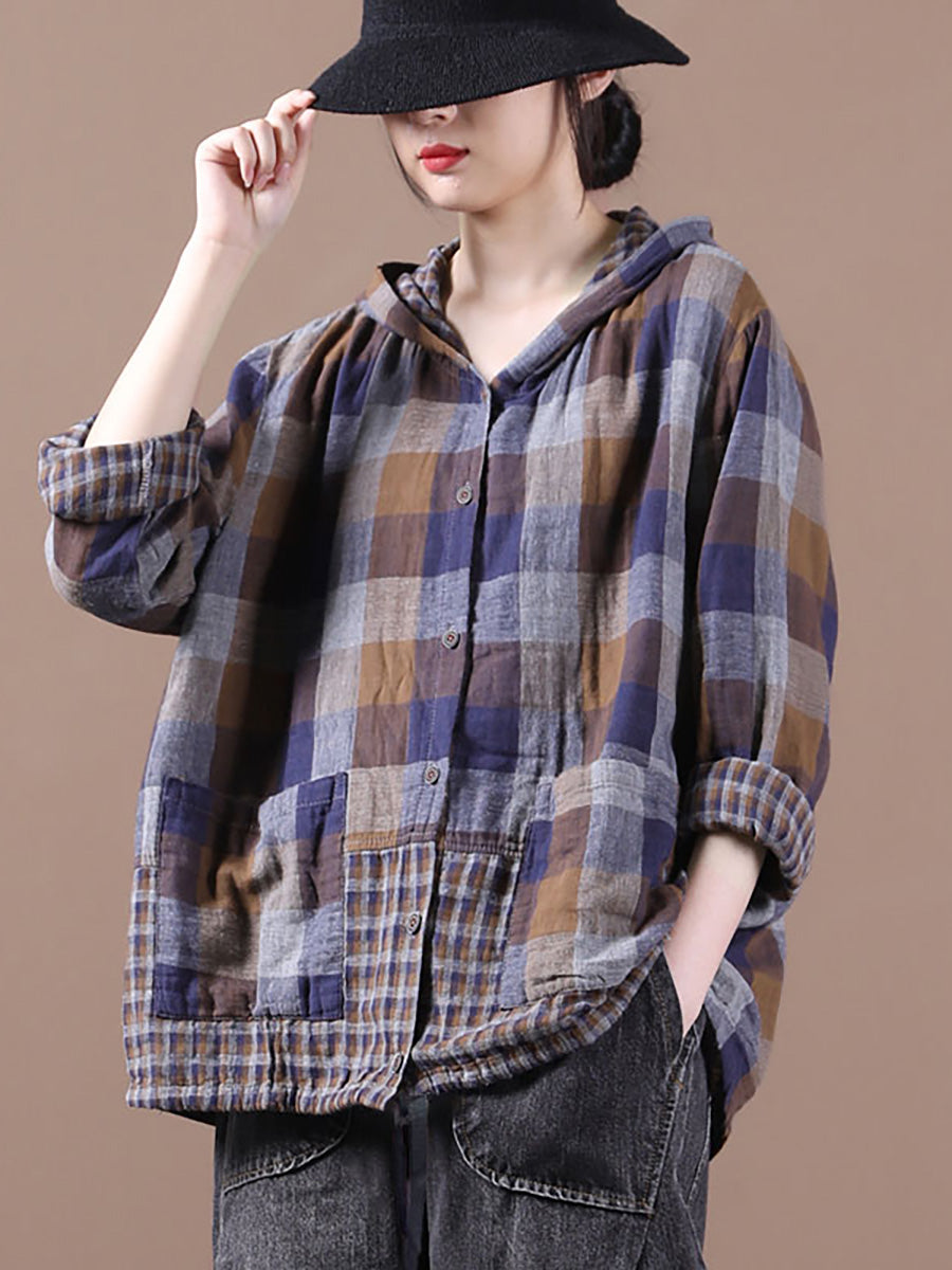 Plus Size Loose Stitching Drawstring Cotton Linen Hooded Blouse Shirt for Women - Comfortable Casual Tunic Top for Everyday Wear and Layering