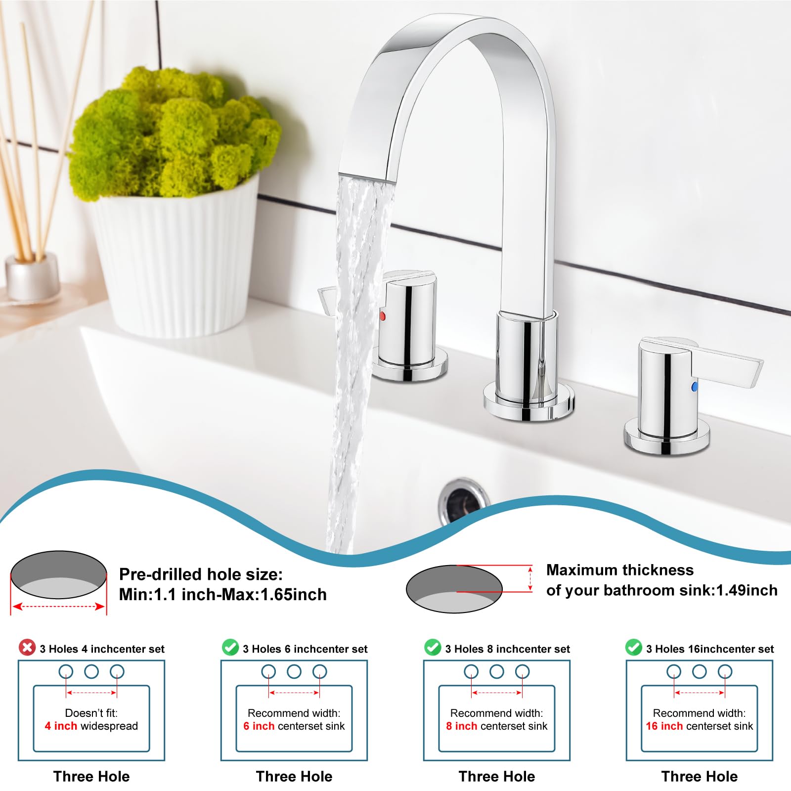 Midanya 8 Inch Widespread Bathroom Sink Faucet - Waterfall Design 3 Hole 2 Handle Modern Vanity Faucet with Pop Up Drain & Supply Lines - Polish Chrome Finish for Bathroom, Powder Room & Guest Bath Decor