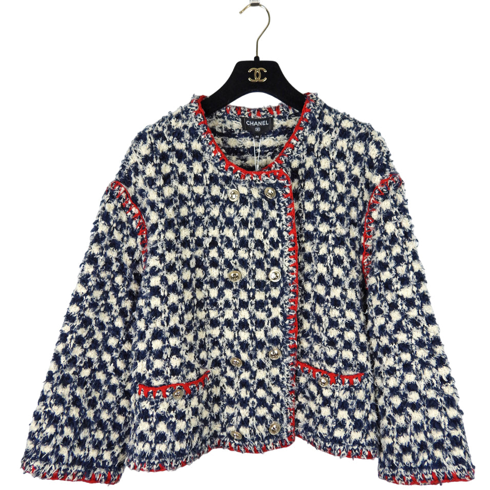 Chanel 21C Navy and Red Tweed Jacket Women's Size FR44 (US 12/L) - Luxury Tweed Blazer for Office, Party & Special Occasions