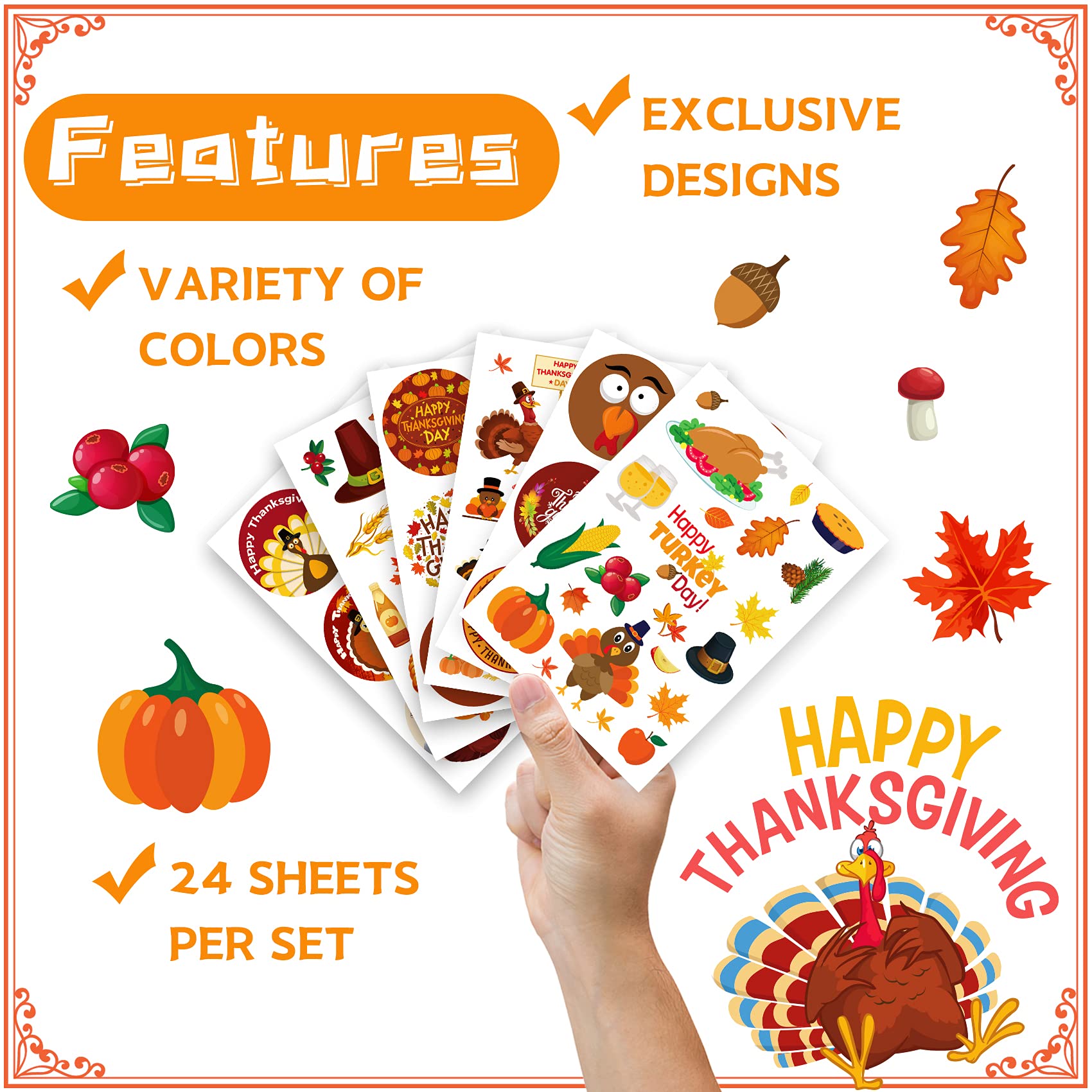 Thanksgiving Stickers for Kids - Fall Turkey Stickers, Happy Thanksgiving Stickers for Cards, Envelopes & Party Supplies | Perfect for DIY Crafts, Classroom Activities & Holiday Decorations