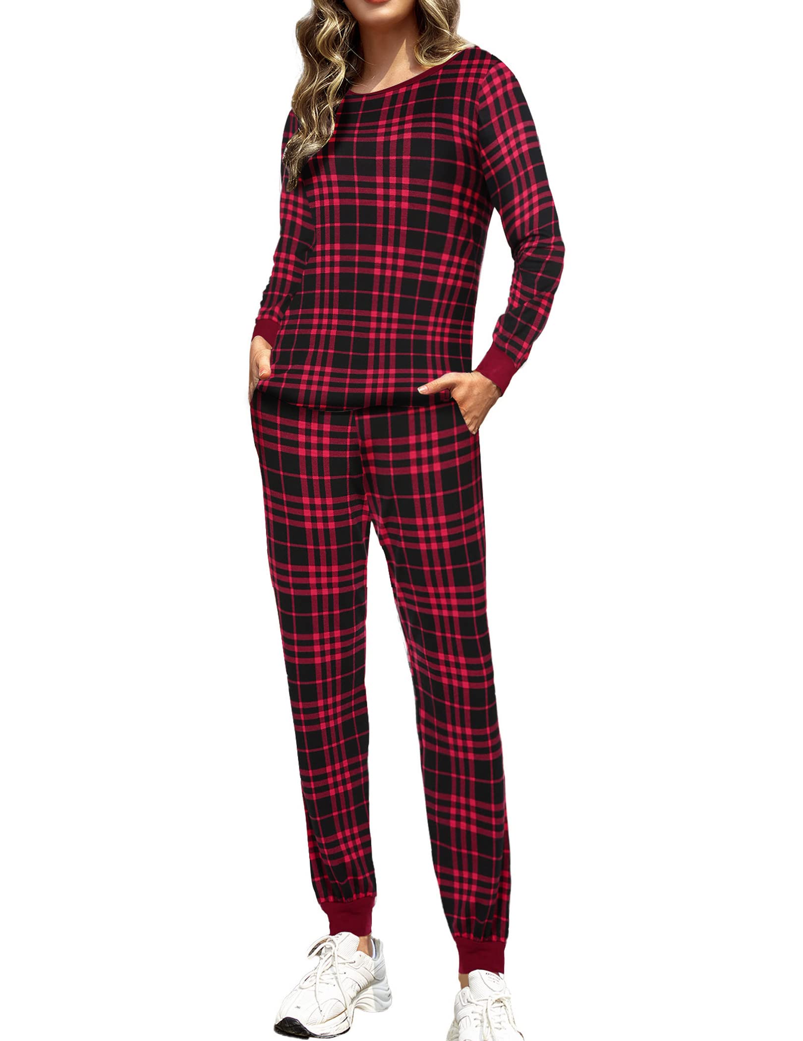 Ekouaer Women's Soft Long Sleeve Pajama Set with Pockets - Cozy Lounge PJS Outfit with Jogger Pants for Sleepwear, Loungewear & Home Comfort