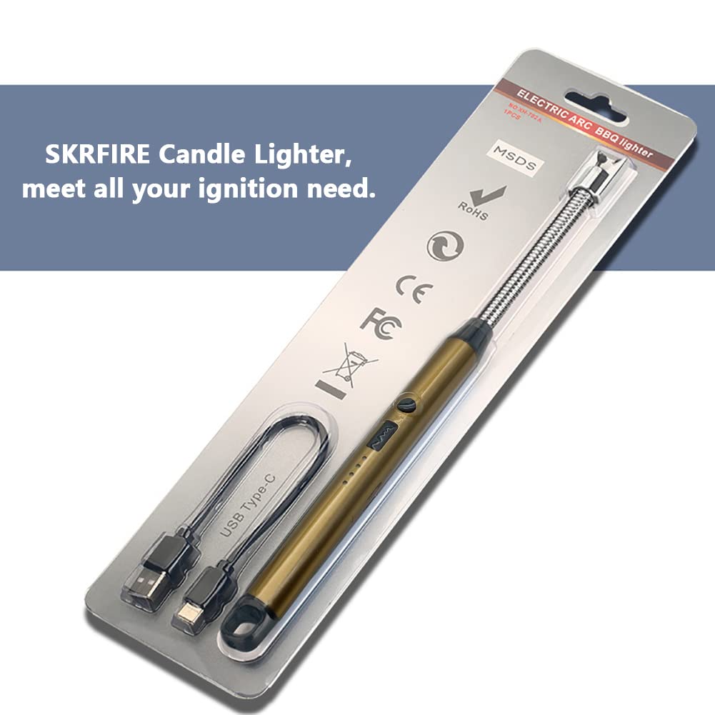 SKRFIRE Electric Lighter - Rechargeable Windproof Plasma Lighter with Hanging Loop for Candles, Cooking, BBQs & Fireworks | Flameless & Safe | Perfect for Camping, Outdoor Adventures & Emergency Use (Gold)