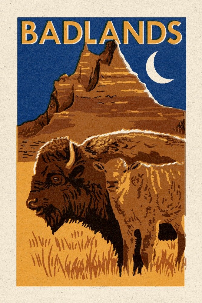 Lantern Press Badlands National Park Woodblock Art Print - 16x24 Wrapped Canvas Wall Decor for Living Room, Bedroom & Office
