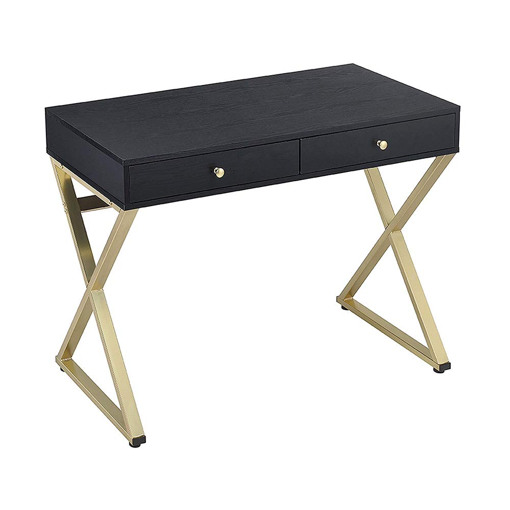 Black & Brass Office Work Desk - Modern Computer Desk for Home Office, Writing, and Bedroom Workspace | Durable Workstation for Remote Work & Study (Model 92310)