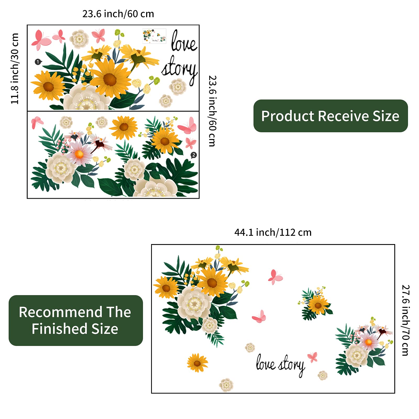 Yellow Daisy Floral Wall Decals with Butterflies & Green Leaves - Removable DIY Wall Stickers for Home Decor | Perfect for Bedroom, Nursery & TV Wall Art | Easy Peel-and-Stick Wallpaper Alternative