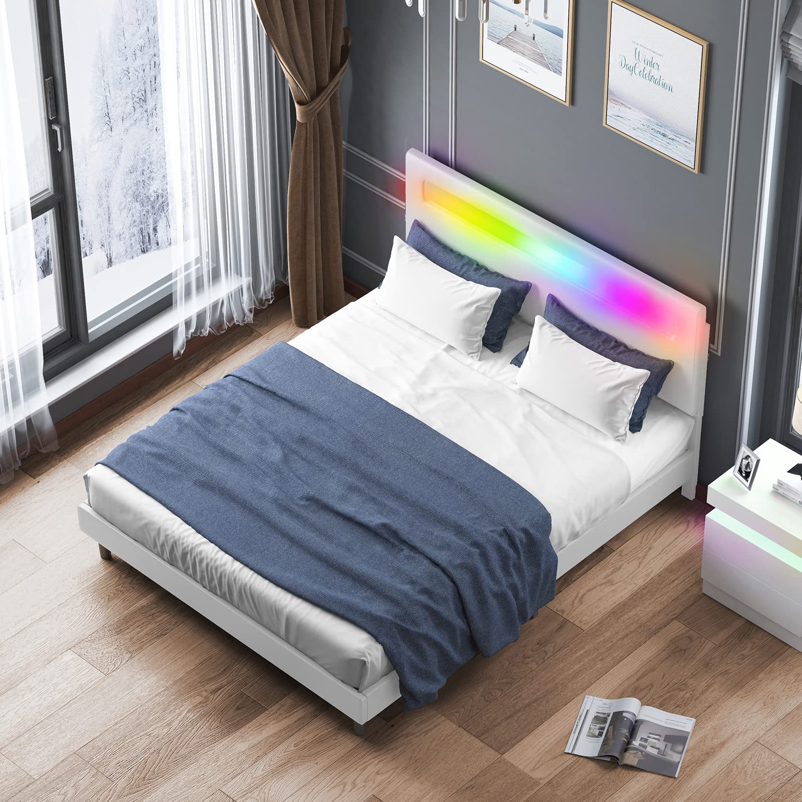 Smart RGB LED Platform Bed Frame Queen Size - Adjustable Headboard, Alexa & App Compatible, No Box Spring Needed - White | Modern Bedroom Lighting for Smart Homes & Gaming Setups