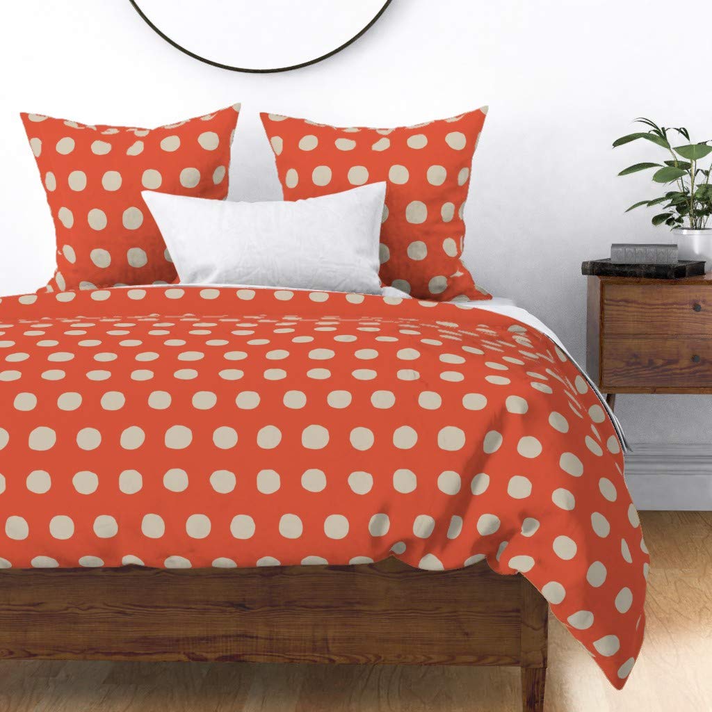 Custom Dots Tangerine Orange Polka Beige Print Cotton Sateen Duvet Cover for King/California King Size Bed - Soft Luxury Bedding for Modern Bedroom Decor