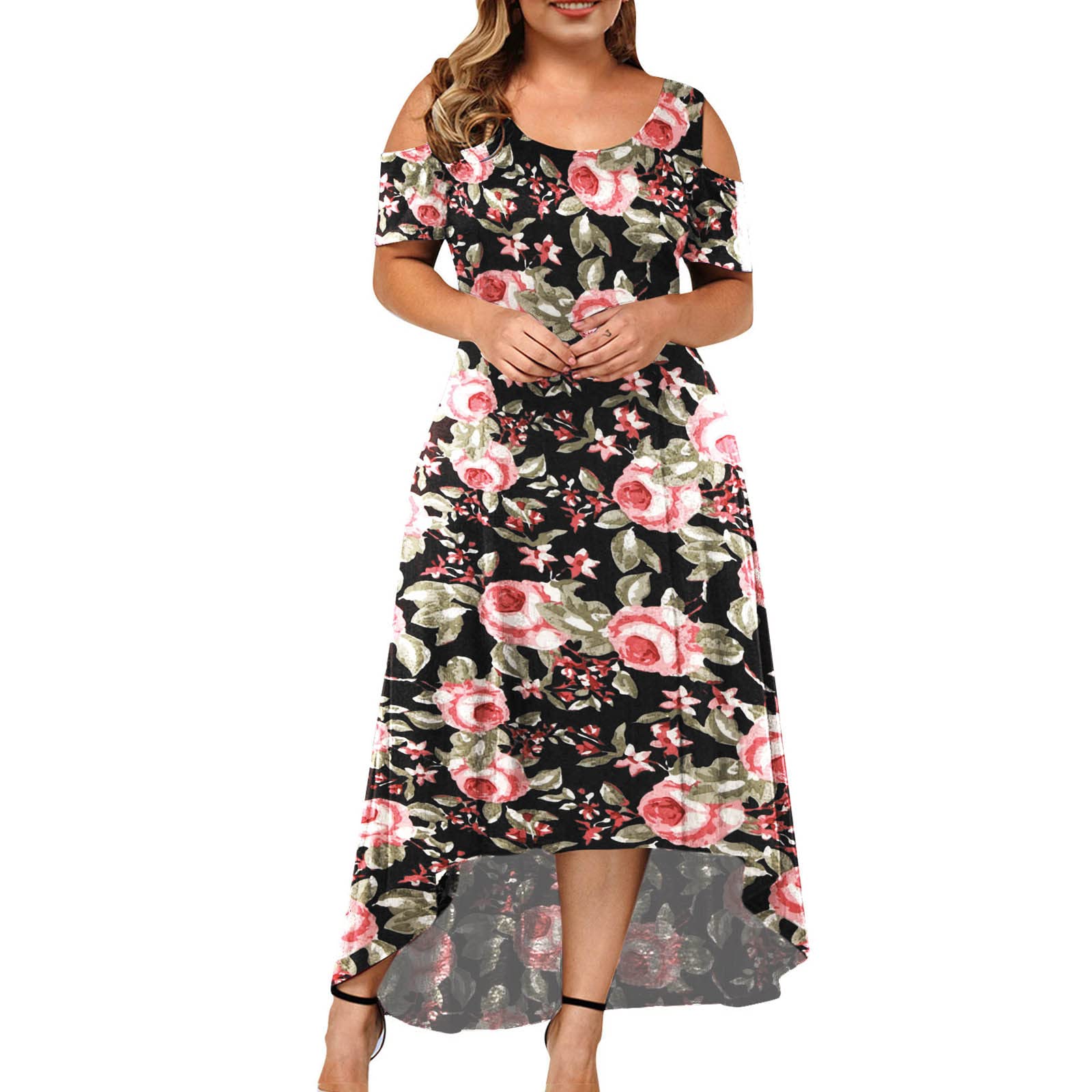 Women's Plus Size Summer Dresses - Short Sleeve Cold Shoulder Lace Stitching Flowy Dress for Beach, Party & Casual Wear | Trendy Irregular Hem Design