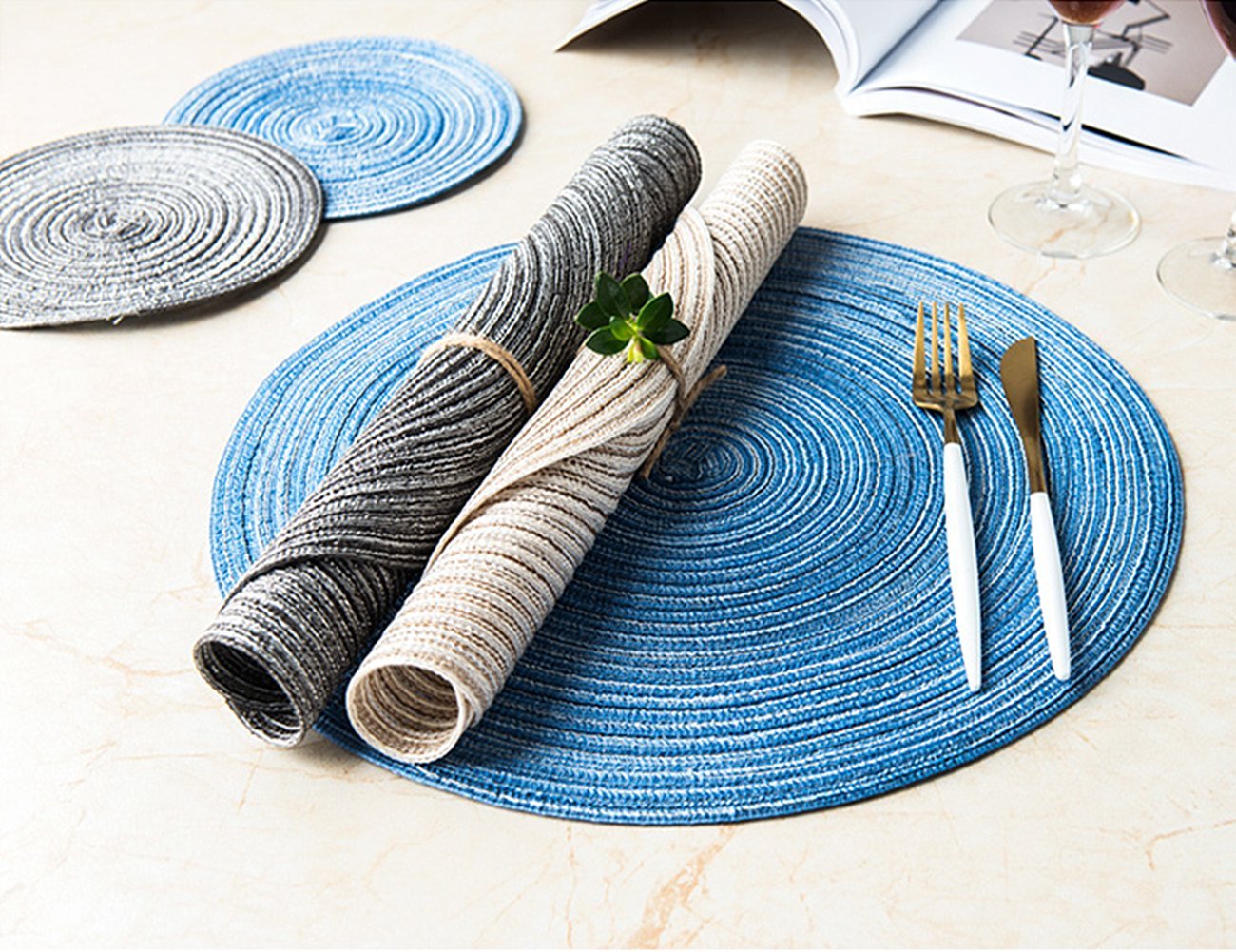 LEVINIS 14-Inch Round Braided Woven Placemats Set of 6 - Beige Table Mats for Dining Room, Kitchen, and Outdoor Picnics