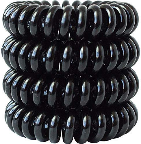 Trendy No Crease Hair Ties for Women & Girls - 4 Pack Black Telephone Cord Hair Bands, Gentle Coil Hair Elastics for Ponytails, Workouts, Yoga and Everyday Use