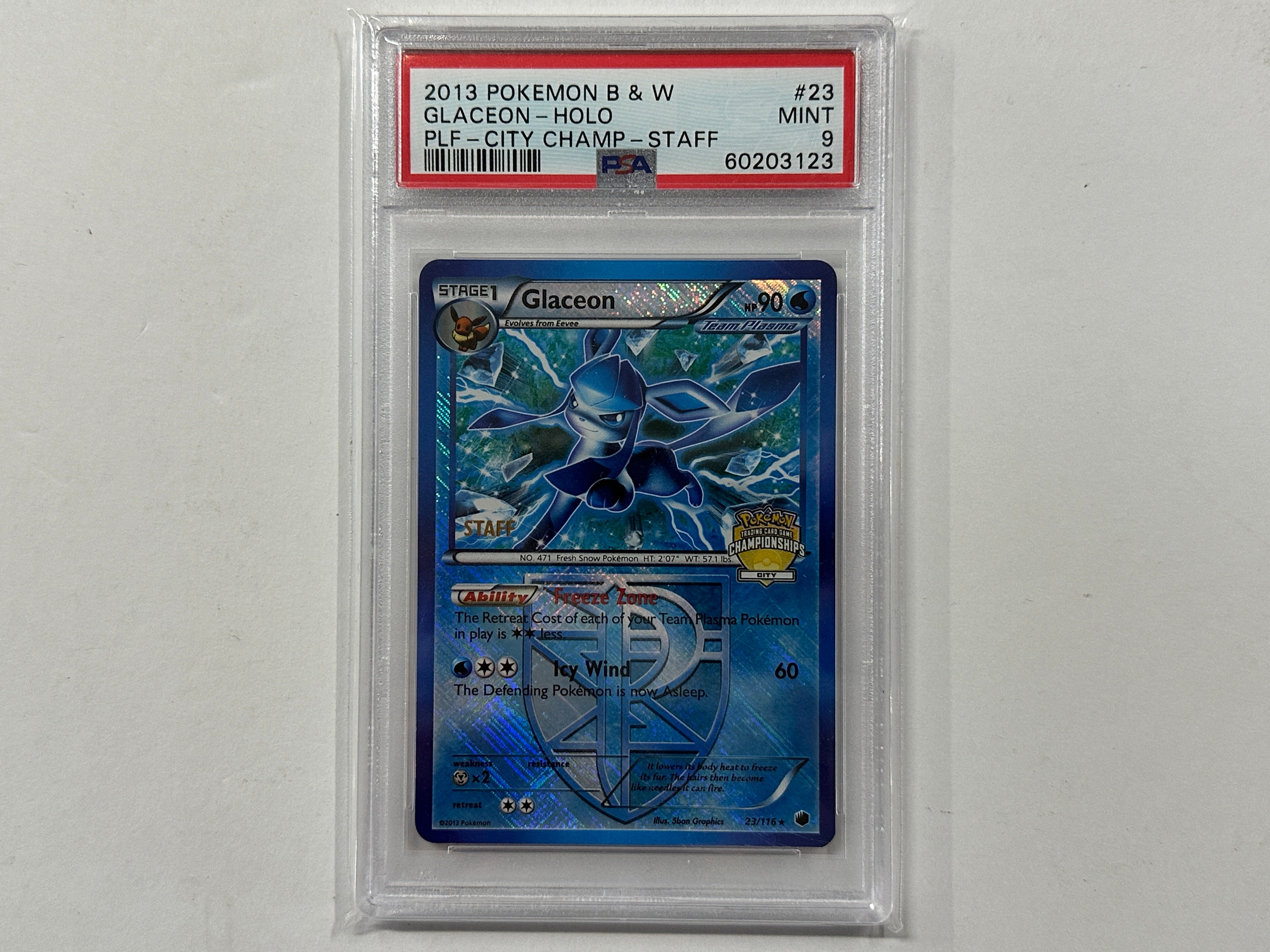 2013 Pokemon TCG Glaceon 23/116 City Championships Staff Promo Holo Foil Card - PSA 9 Graded - Perfect for Collectors & Competitive Play