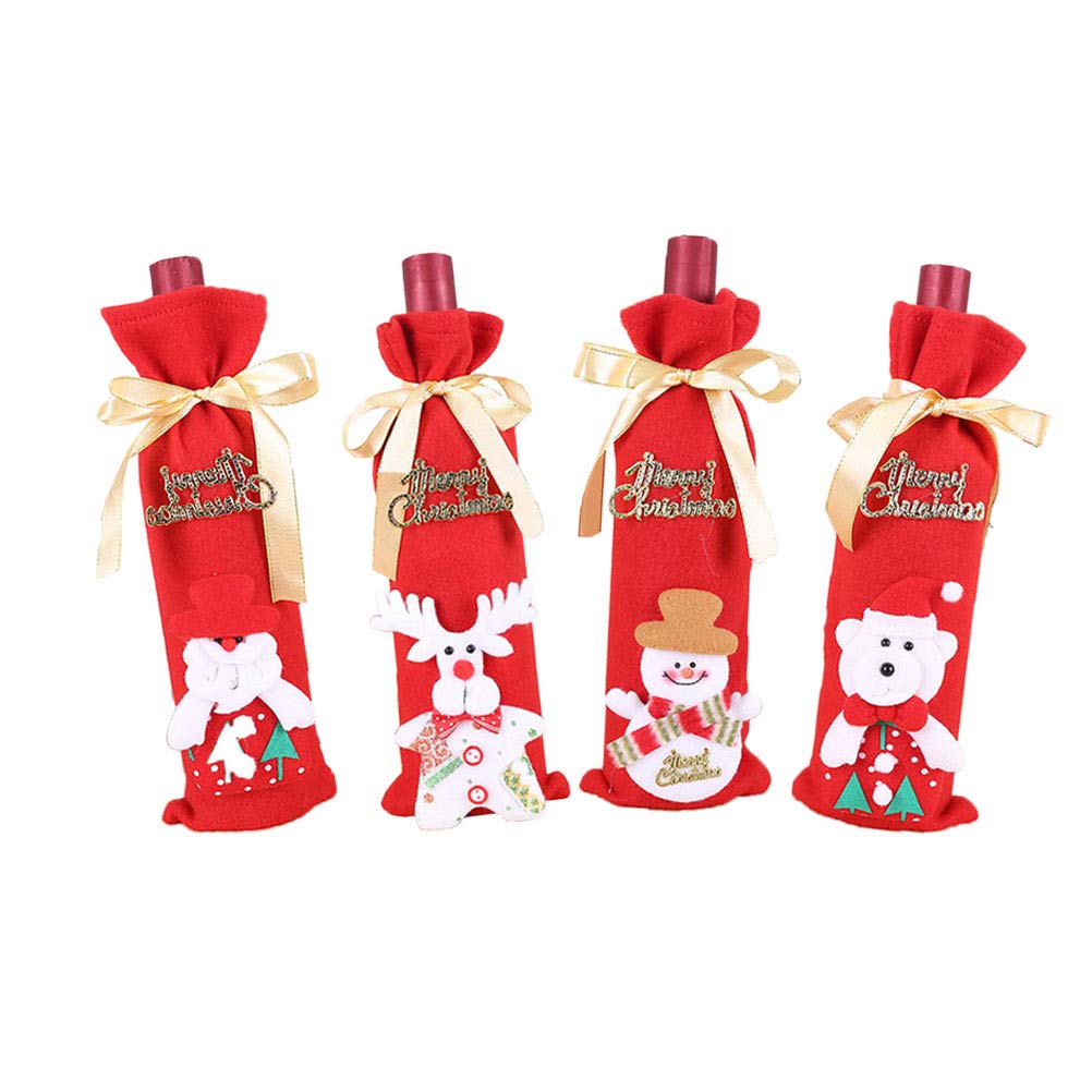 PRETYZOOM 4-Piece Christmas Wine Bottle Bags Set - Santa, Snowman, Fawn & Bear Design - Reusable Champagne Bottle Covers for Holiday Parties, Gift Wrapping & Festive Decorations