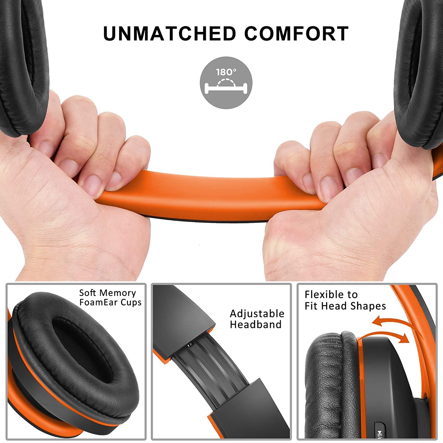 ZIHNIC Bluetooth Over-Ear Headphones Wireless & Wired Foldable Stereo Headset with Micro SD/TF, FM - Lightweight Comfortable Earmuffs for Phone, PC, Gaming, Travel & Work (Orange)