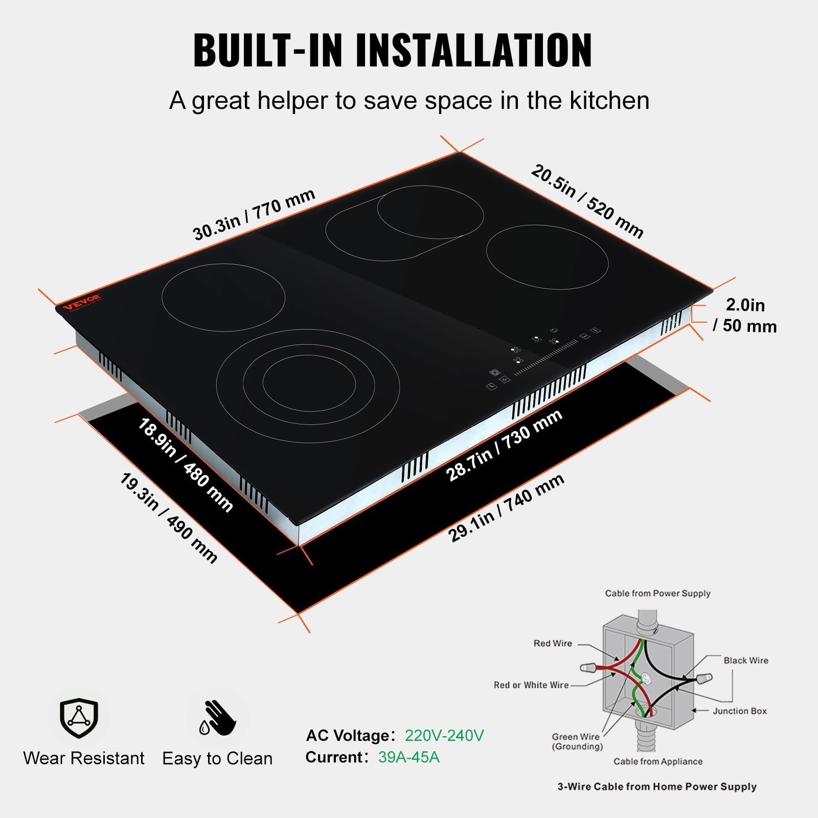 VEVOR 30-Inch Built-in Electric Stove Top with 4 Burners - 240V Glass Radiant Cooktop with Sensor Touch Control, Timer & Child Lock - 9 Power Levels for Simmering, Steaming, Slow Cooking & Frying - Perfect for Modern Kitchens, Home Chefs & Cooking Enthusiasts