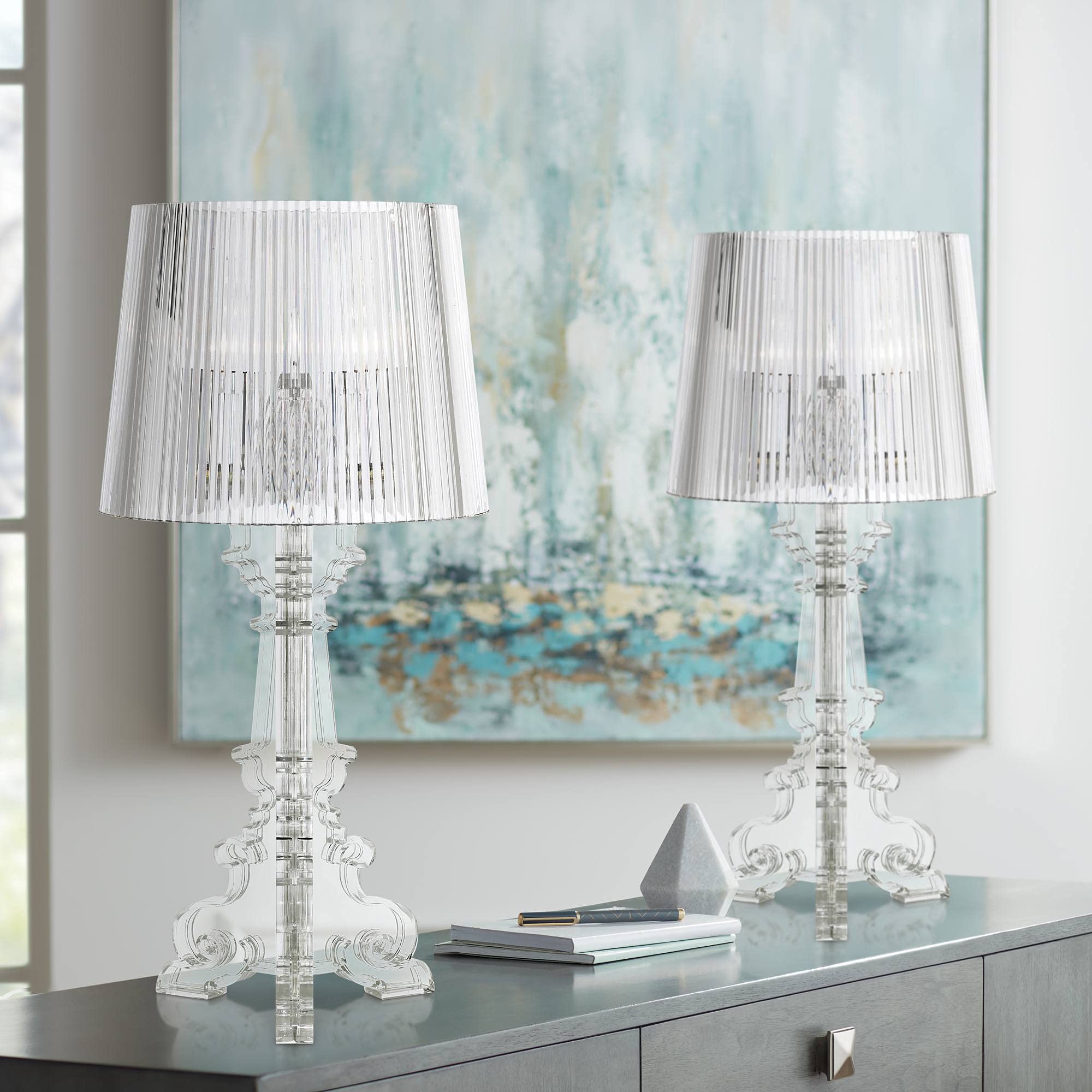360 Lighting Baroque Antique Victorian Style Accent Table Lamps - Set of 2 Clear Acrylic See-Through Base with Drum Shade, 20