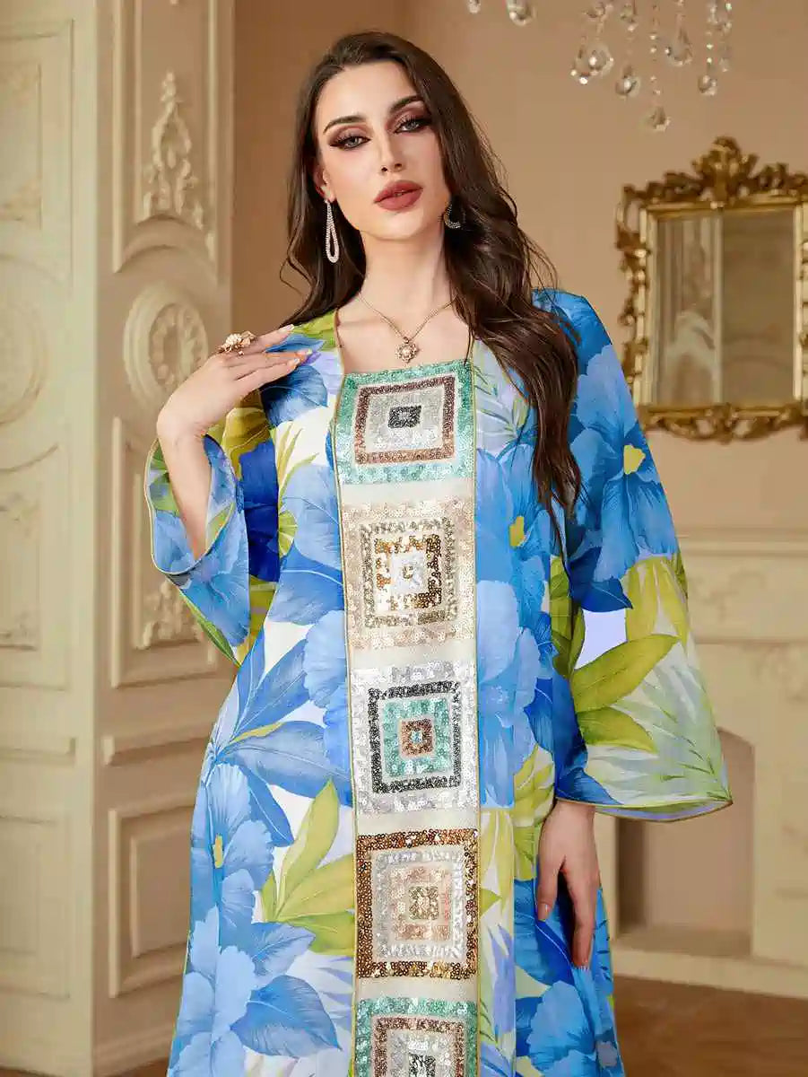 Elegant Eid Sequins Printed Caftan Kaftan Dress for Women - Party Wear, Evening Gown, Special Occasion Outfit #254185