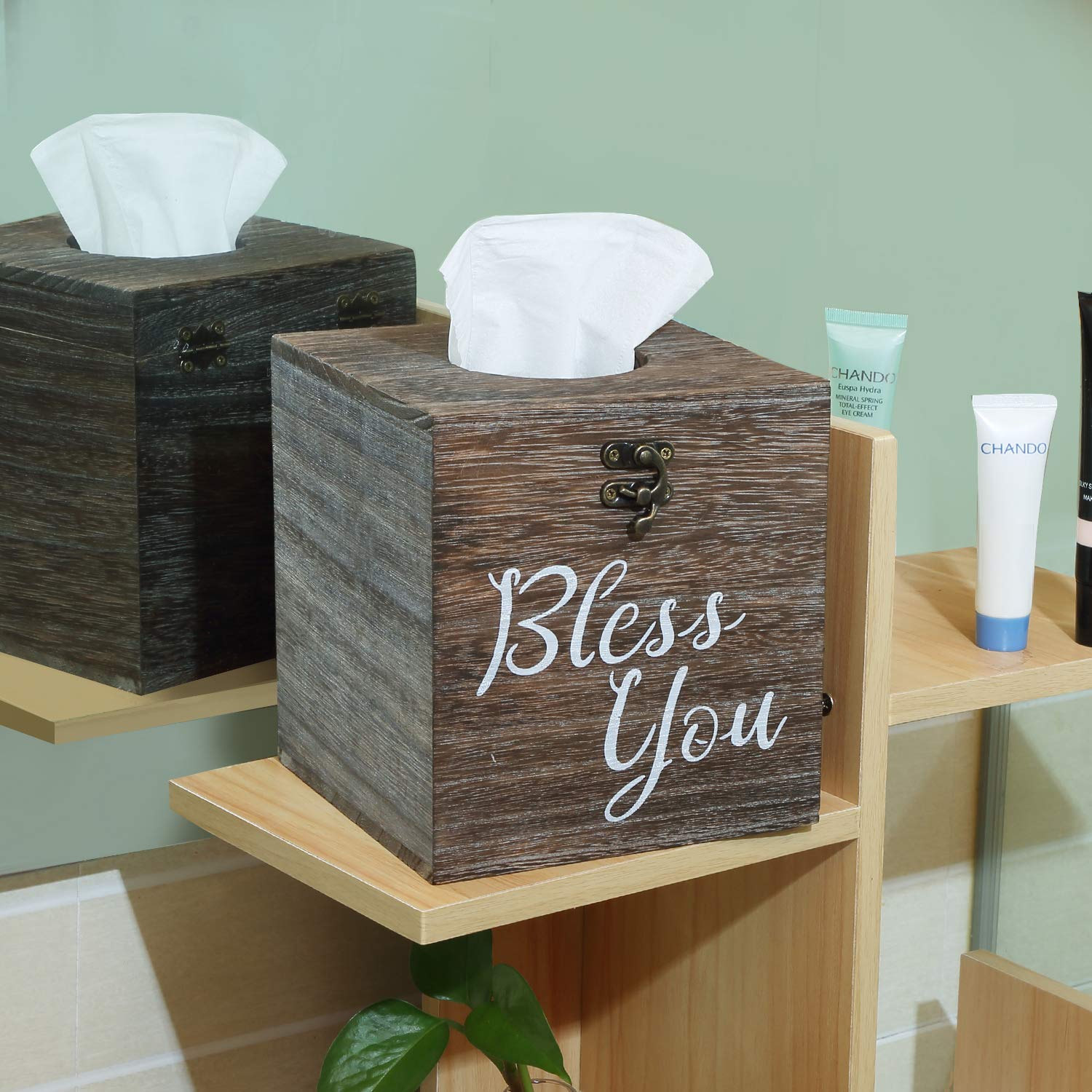 Bless You Wood Tissue Box Cover Set of 2 - Rustic White Square Tissue Box Holder, Farmhouse Style Toilet Paper or Napkin Dispenser for Bathroom, Living Room, Kitchen & Dining Table (Brown) - Perfect for Home Decor & Gift Giving