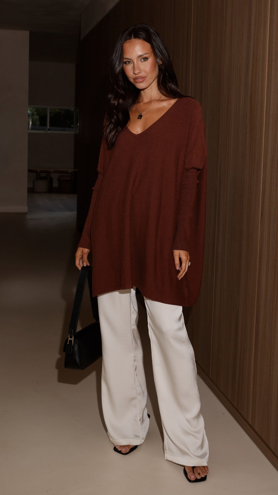 Amalia Knit Top Women's Casual Long Sleeve Sweater Chocolate Brown - Perfect for Fall Layering & Office Wear