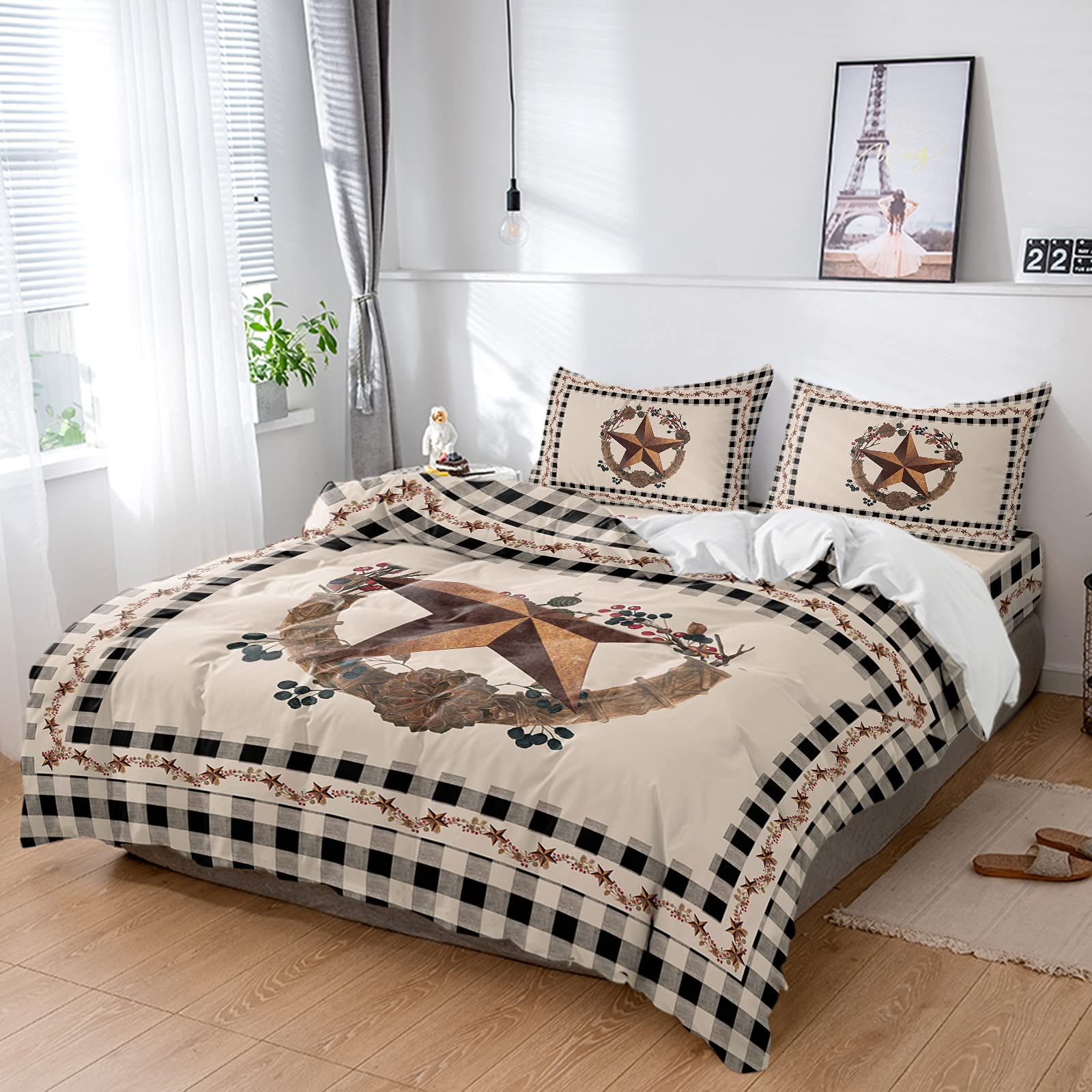 Western Farmhouse Metal Star Berry Duvet Cover Set - 4 Piece Soft Microfiber Bedding with Zipper Closure, Texas Country Retro Black Checkered Quilt Cover & 2 Pillowcases - Perfect for Twin Beds in Rustic, Farmhouse or Country Style Bedrooms