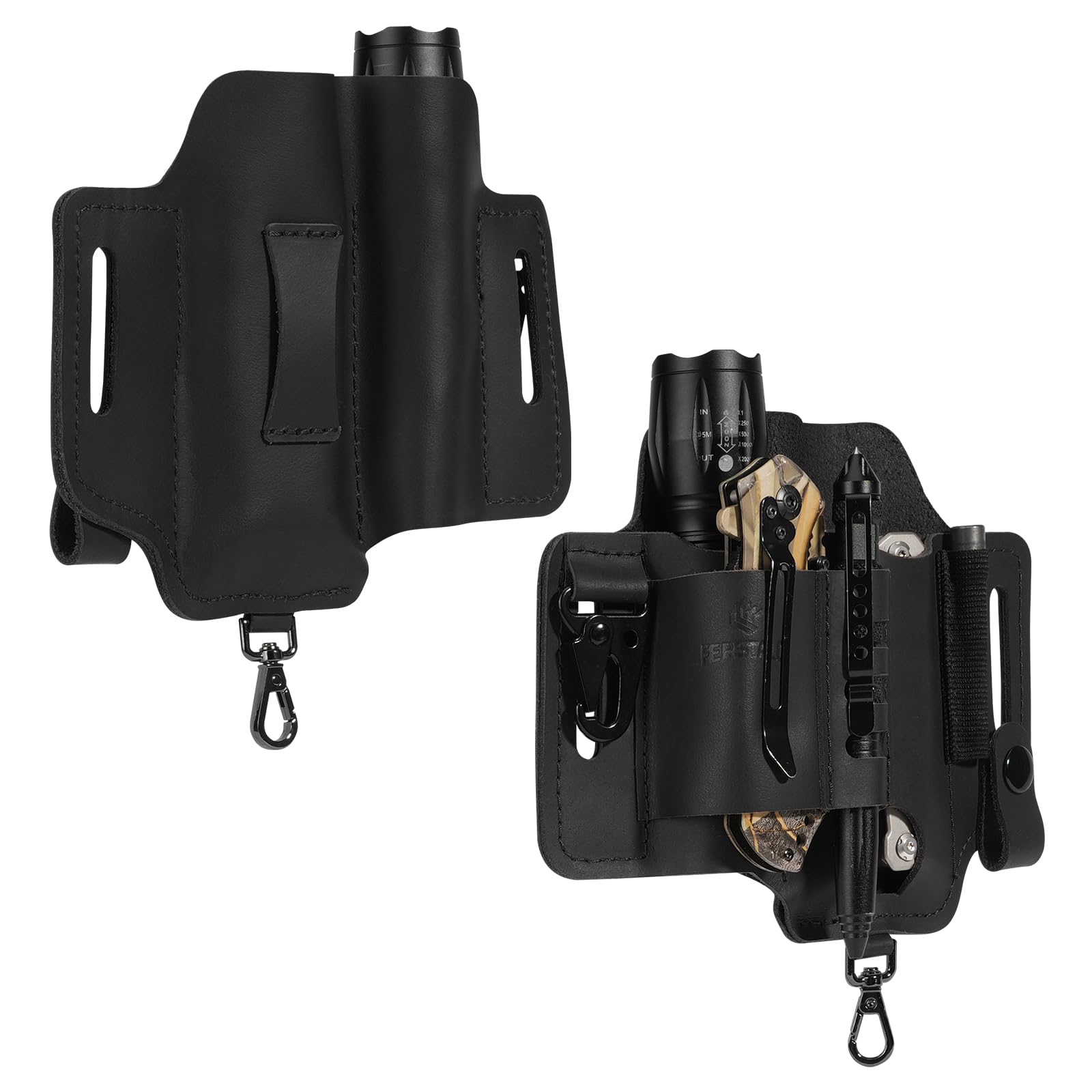 Leather Multitool Belt Sheath - EDC Pocket Organizer with 3 Hooks, Flashlight Holster, Pen & Keys Holder | Knife Sheath for Men | Perfect for Daily Carry, Outdoor Adventures, Camping & Hiking Gear | Black