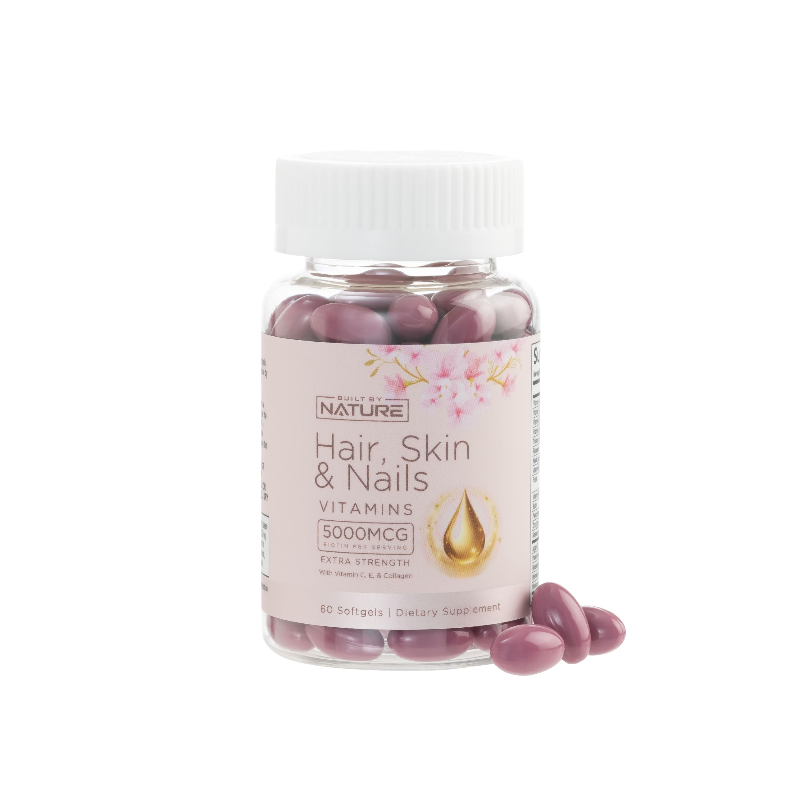 Premium Hair Skin & Nails Vitamins with 5000mcg Biotin, Vitamin C, E, Collagen, Hyaluronic Acid - Natural Supplement for Hair Growth & Glowing Skin - 60 Softgels for Women - Perfect for Daily Beauty Routine & Anti-Aging Care