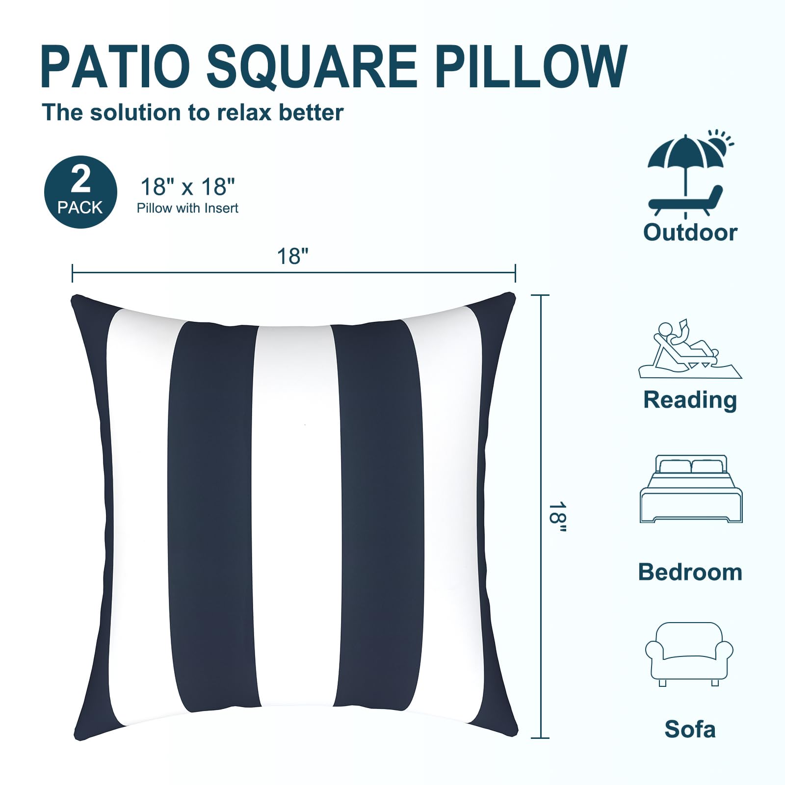 2 Pack Waterproof Outdoor Pillow Covers with Inserts - 18x18 Inch Square Decorative Throw Pillows for Patio Furniture, Sofa, Bench - Cabana Navy Blue - Weather Resistant for Garden, Poolside & Porch Use