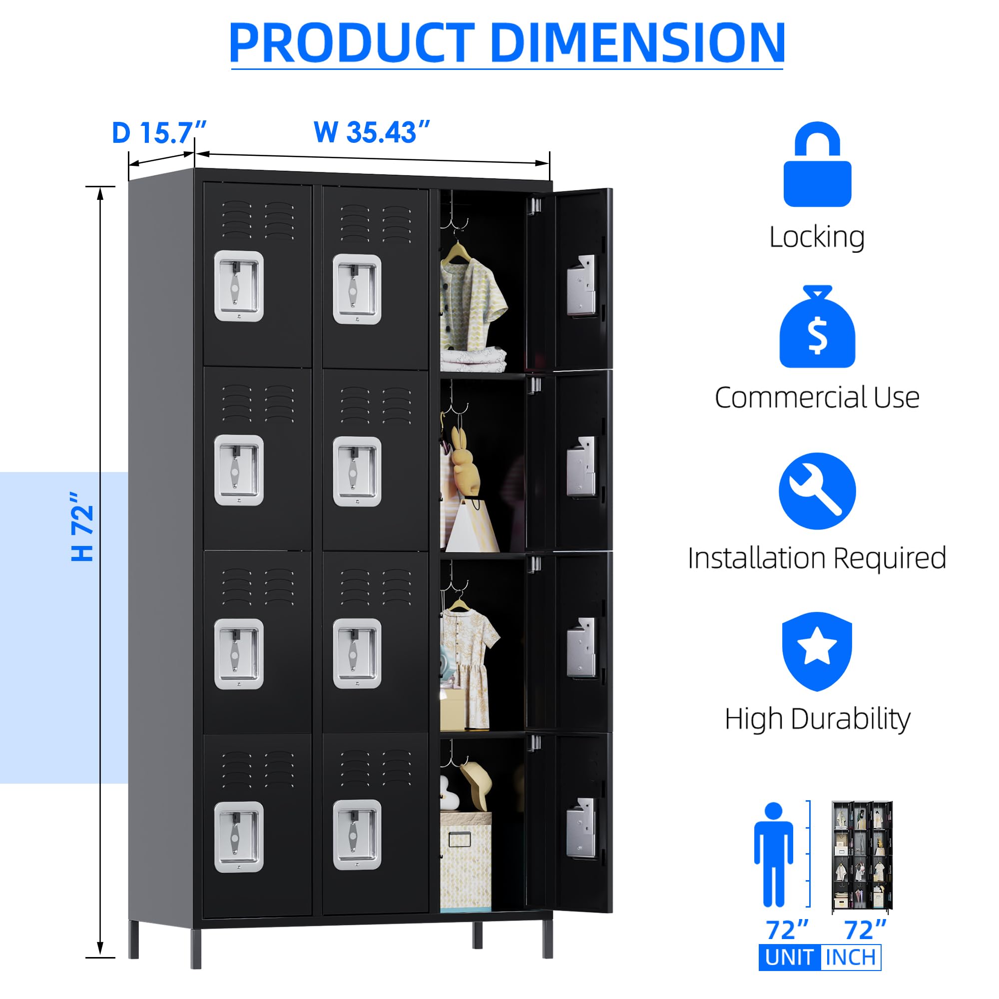 METAN 12-Door Black Steel Storage Locker Cabinet - Heavy Duty Metal Locker for School, Office, Gym & Bedroom - Industrial Employee Storage Locker with Easy Assembly - Perfect for Organization in Workplaces, Schools & Fitness Centers