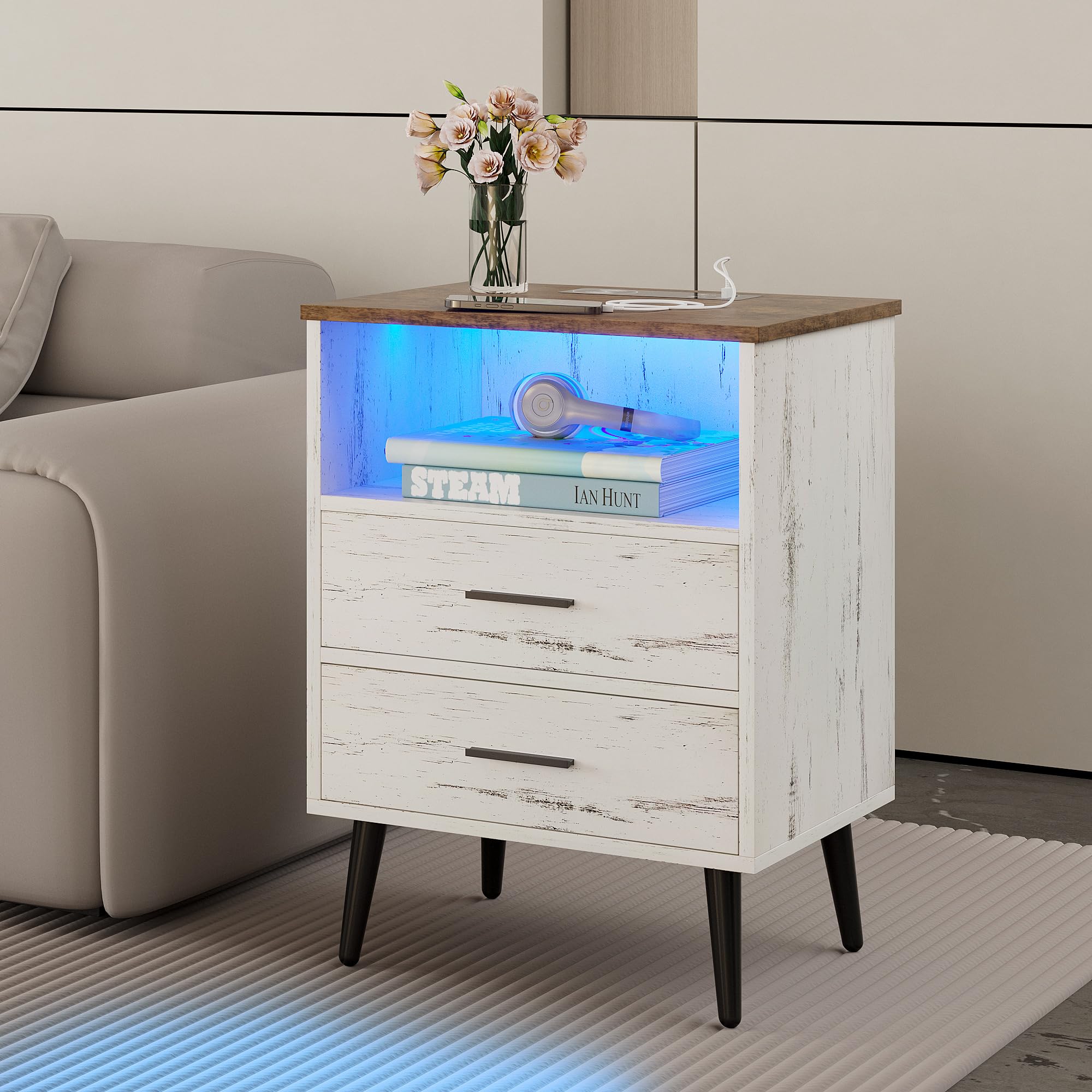 LVSOMT Modern LED Nightstand with USB Charging Station, 3-Color Dimmable Bedside Lamp, Wooden Bedside Table with Drawer & Open Shelf - White Nightstand with Metal Legs for Bedroom, Living Room & Office