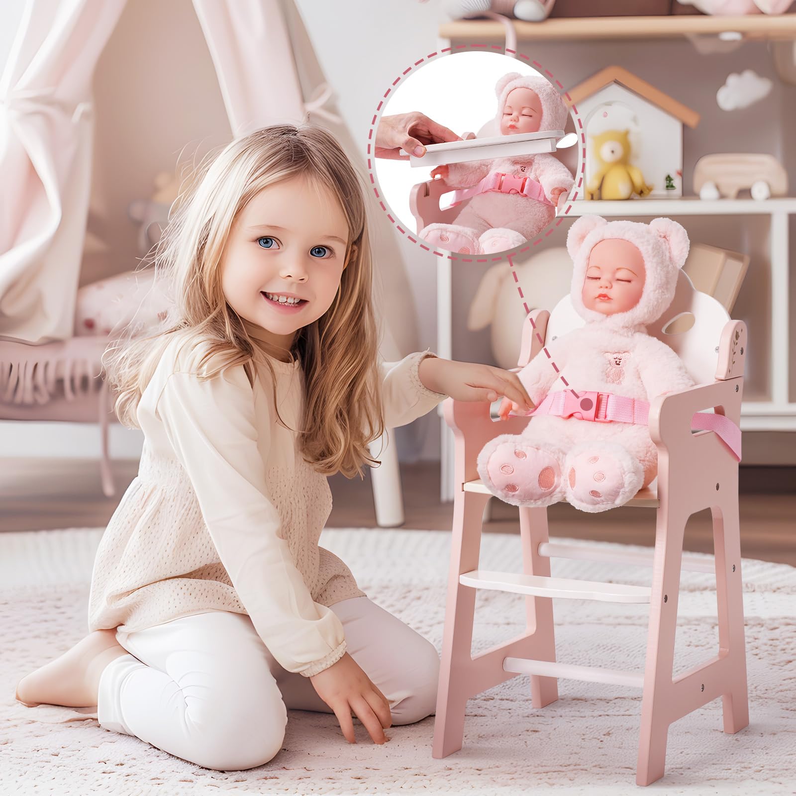 ROBOTIME Wooden Baby Doll High Chair with Safety Belt - Pretend Play for 18