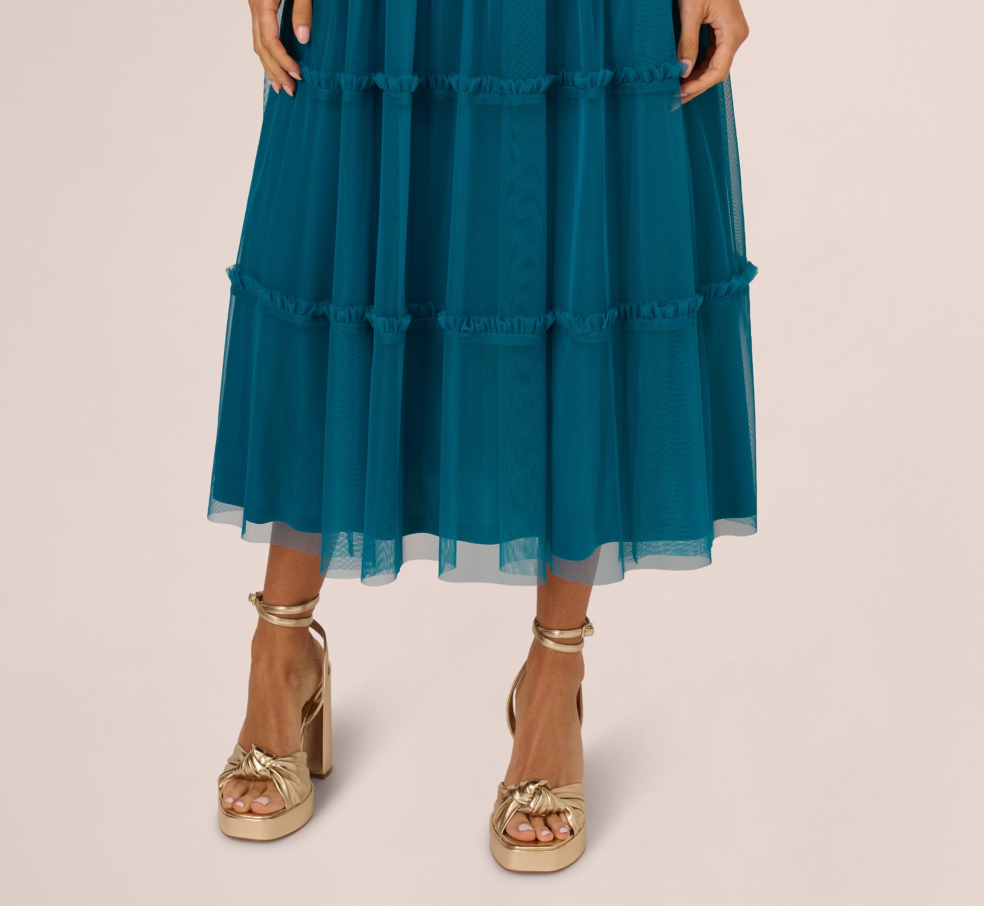 Peacock Blue Knit & Mesh Tiered Midi Halter Dress for Women - Summer Beach Party, Date Night & Vacation Outfit