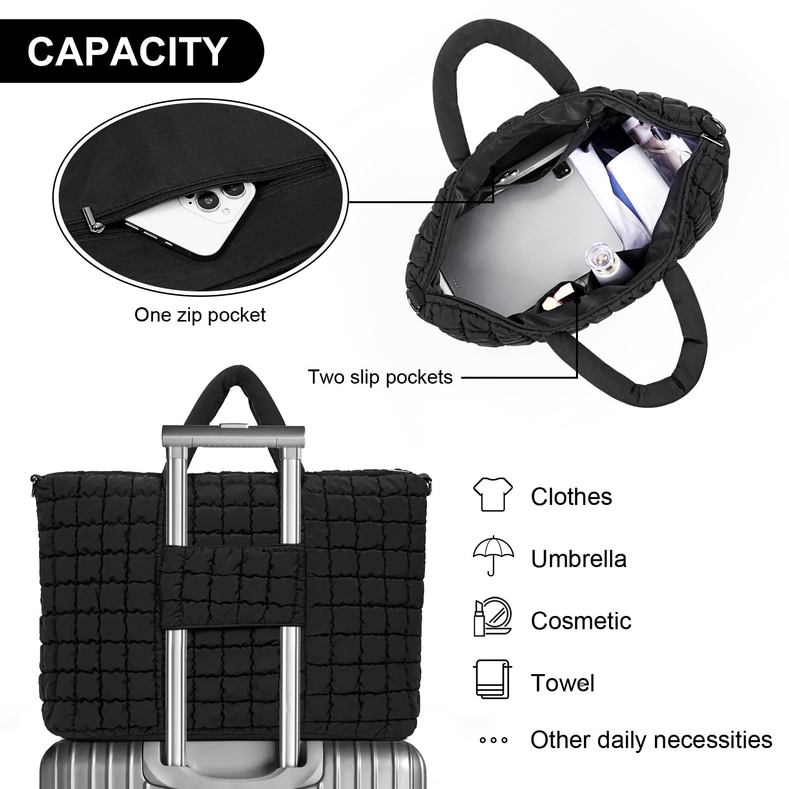 Quilted Duffle Bag for Travel - Large Puffer Weekender & Gym Tote for Carry-On Luggage & Overnight Trips