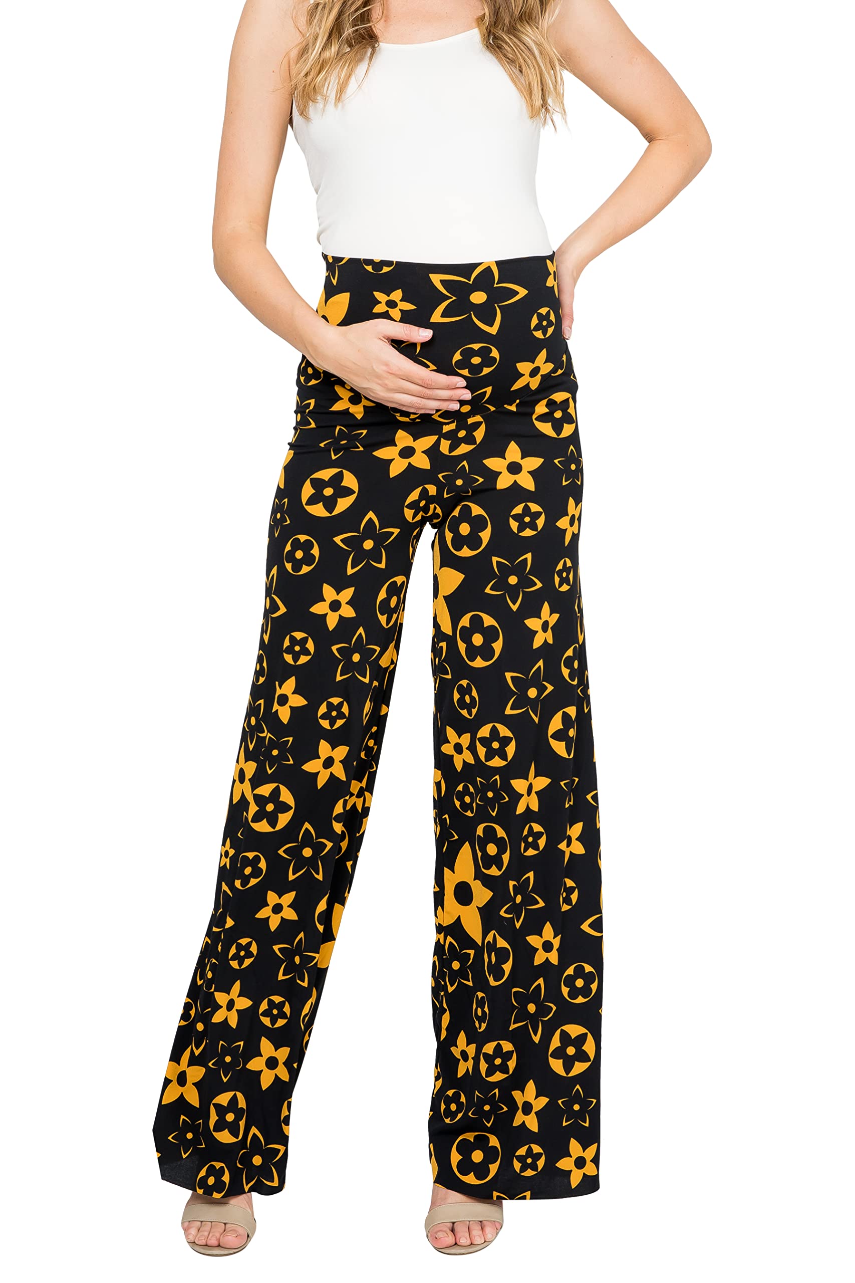 Women's Maternity Palazzo Pants - Bohemian Floral Print Casual Pregnancy Pants with Tummy Control - Perfect for Maternity Photoshoots, Baby Showers & Everyday Comfort