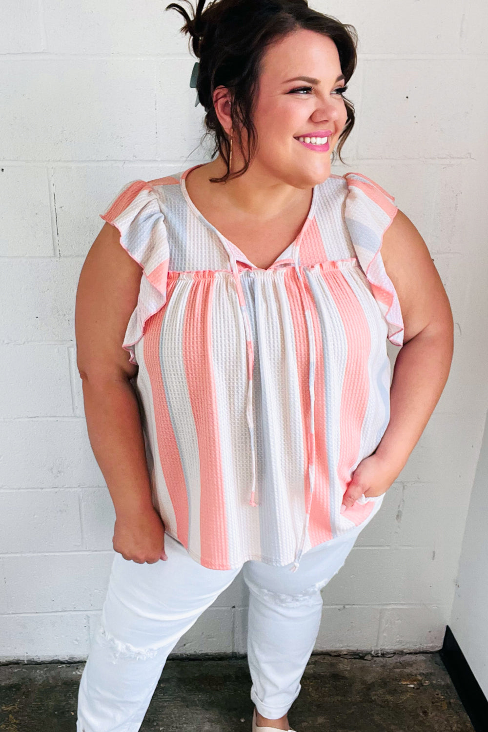 Coral & Light Blue Striped Waffle Knit Tie Neck Blouse - Women's Casual Summer Tops for Beach, Vacation & Date Night Outfits