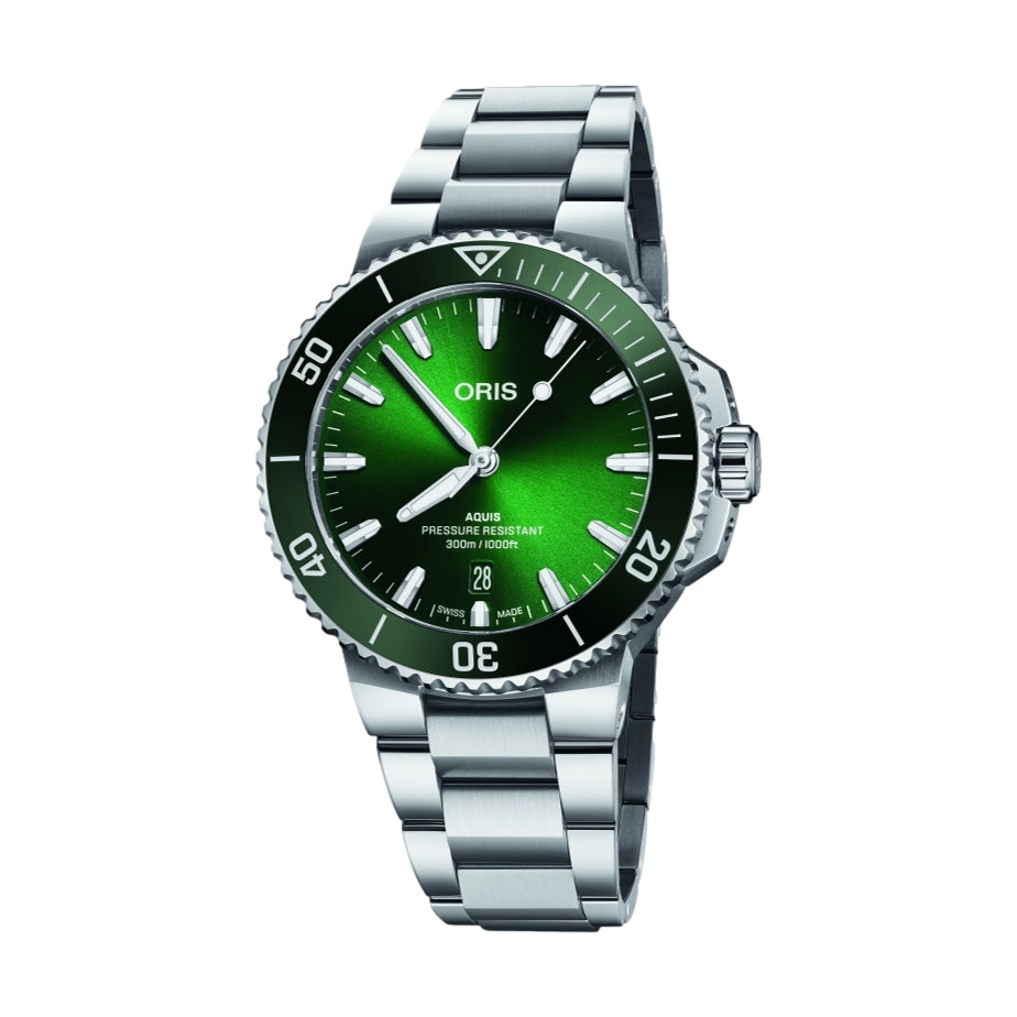 Aquis Date 2024 41.5mm Green Dial Men's Watch with Stainless Steel Bracelet - Perfect for Diving, Swimming & Everyday Wear