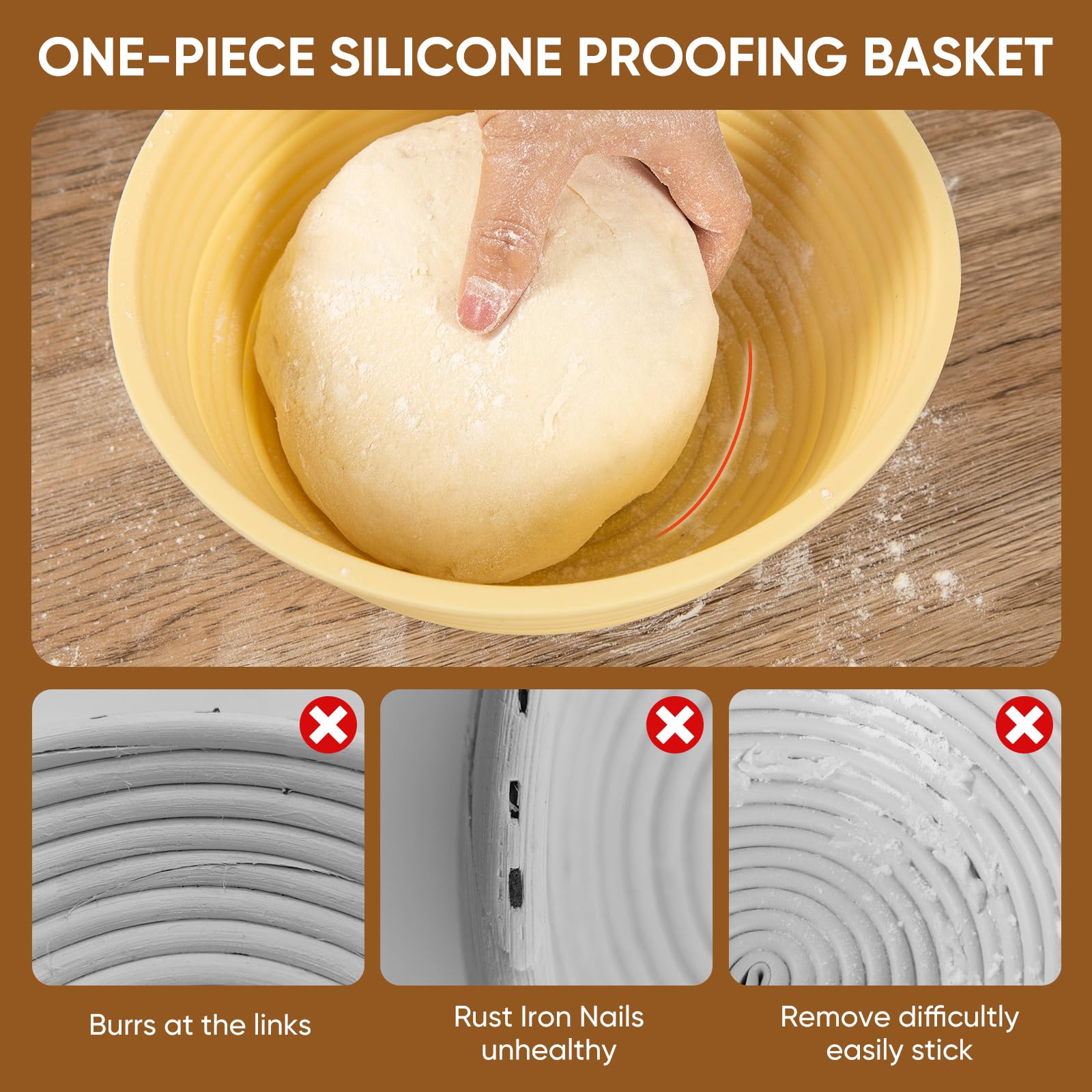 Silicone Banneton Proofing Basket Set - 9'' Dough Rising Bowl with 5-Piece Sourdough Scoring Tools Kit for Artisan Bread Baking | Perfect for Sourdough, Banneton, Danish Dough & Lame Bread | Home Bakery Essentials (Beige)