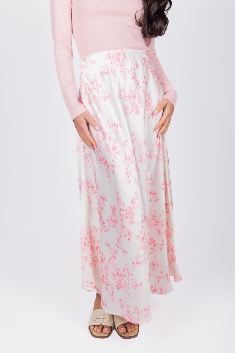 DAKOTA SKIRT Women's Floral Print A-Line Midi Skirt - Pink Flower Design, Comfortable Stretchy Waistband, Perfect for Spring & Summer Outfits, Casual Wear, Office, Dates & Parties
