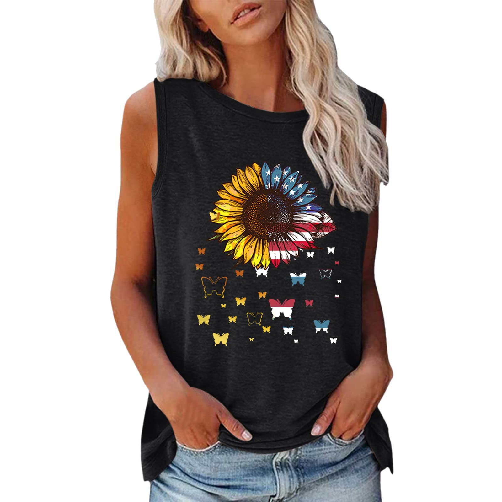 MLAGJSS Women's Summer Sleeveless V-Neck Sunflower Print Casual Tank Top - Loose Fit Comfortable Blouse for Beach, Vacation & Everyday Wear