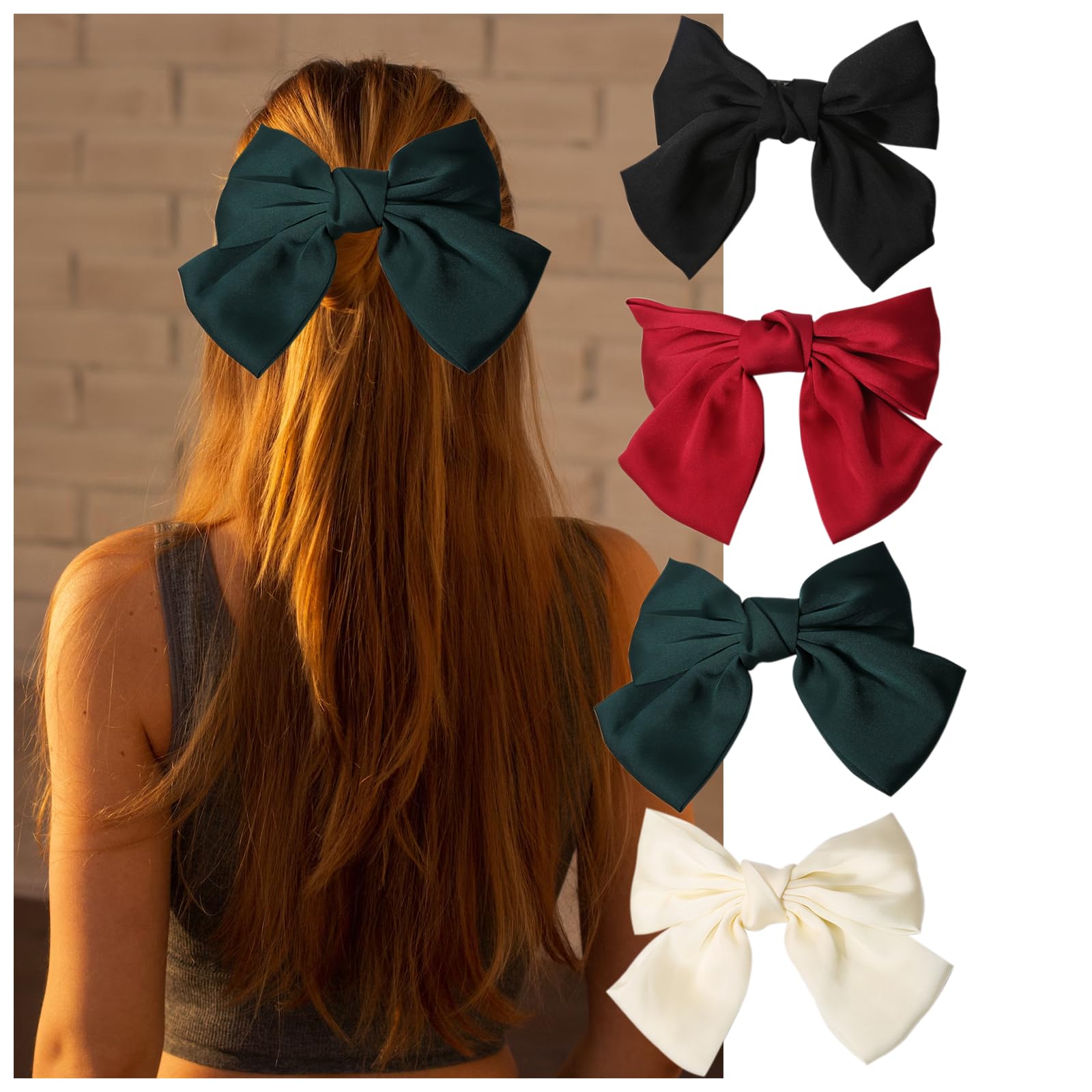 ZOCONE 4 Pack Large Women's Hair Bow Clips - Soft Satin French Style Hair Accessories in Green, Black, Red & White | Perfect for Weddings, Parties, Prom & Everyday Fashion