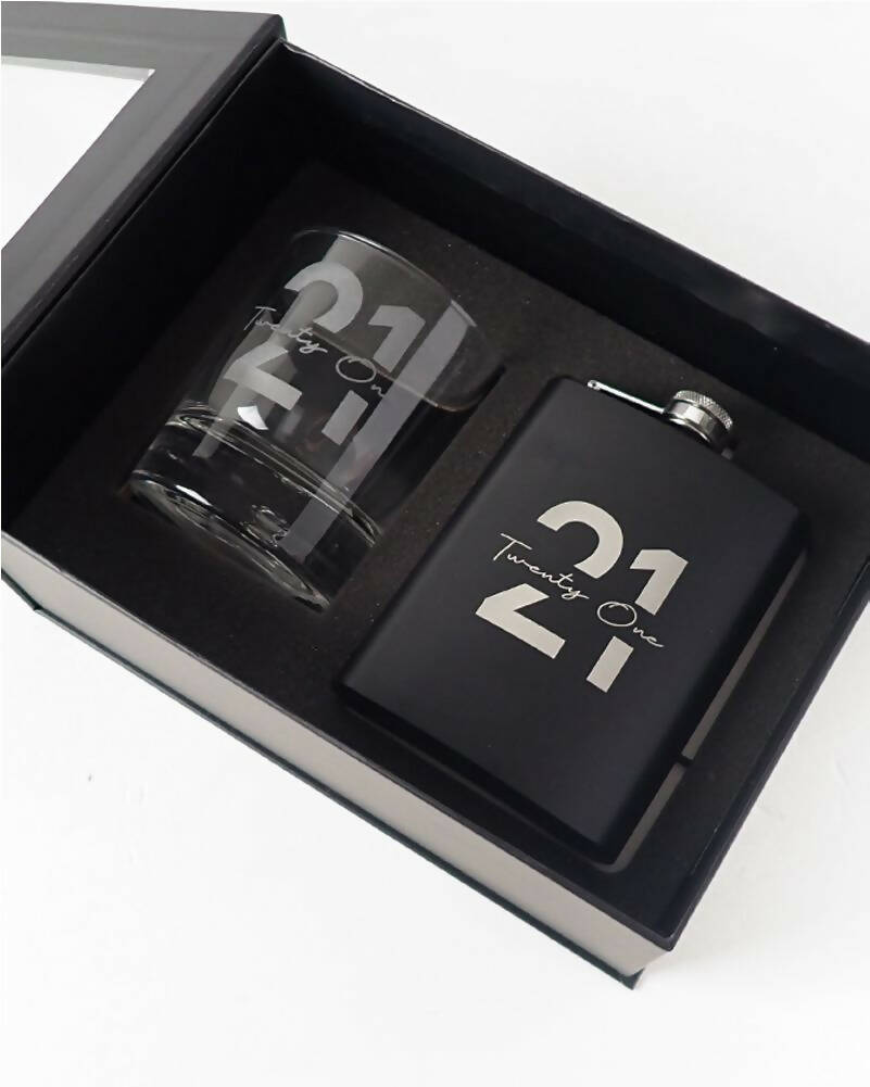 21st Birthday Gift Set - Personalized Engraved Black Stainless Steel Hip Flask & Round Scotch Glass - Perfect for Parties, Celebrations & Gifts