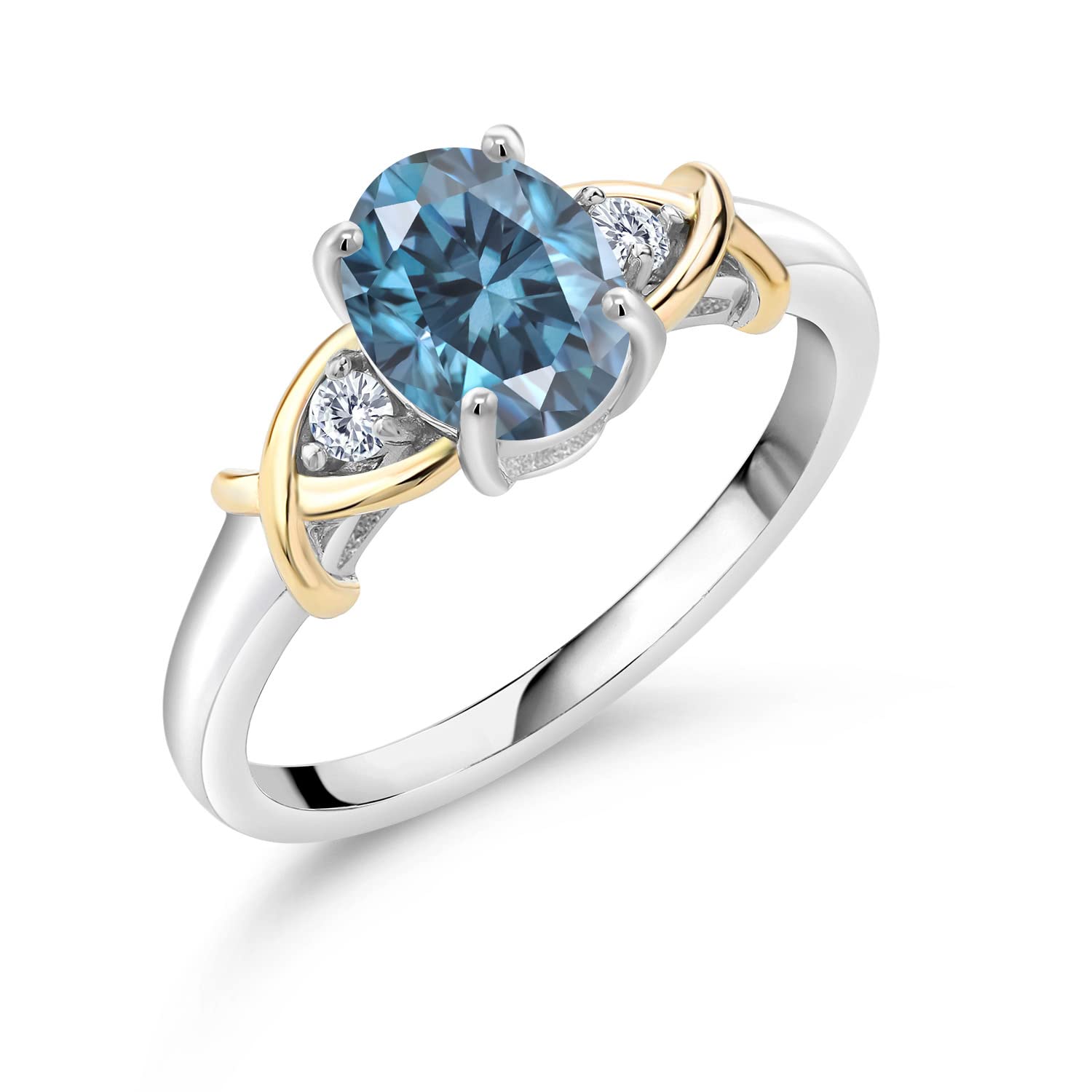 925 Sterling Silver & 10K Yellow Gold Oval Persian Blue Moissanite Ring (1.46 CTTW) - Elegant Wedding Band, Anniversary Gift & Everyday Jewelry for Women