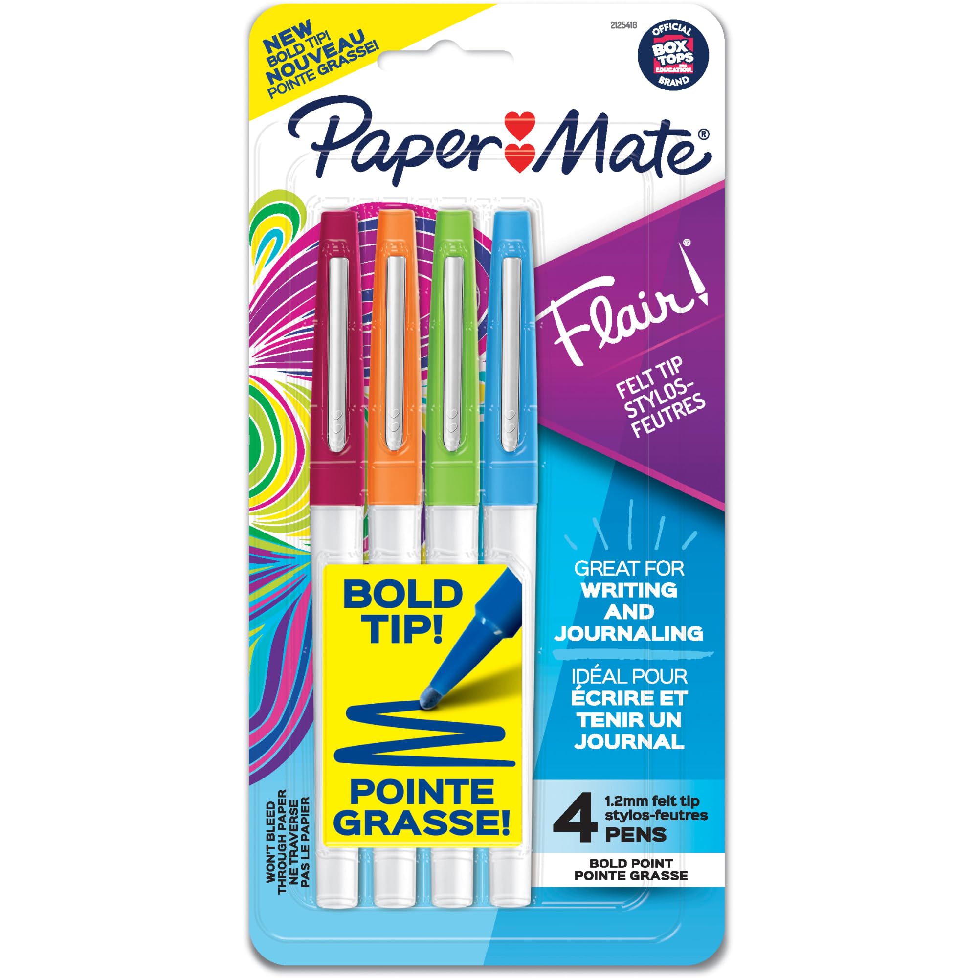 Paper Mate® Flair Porous Point Bold Tip Pens - 1.2mm Medium Point, White Barrel, 4-Pack Assorted Colors (Black, Blue, Red, Green) - Perfect for Note Taking, Journaling, Office Work & School Supplies