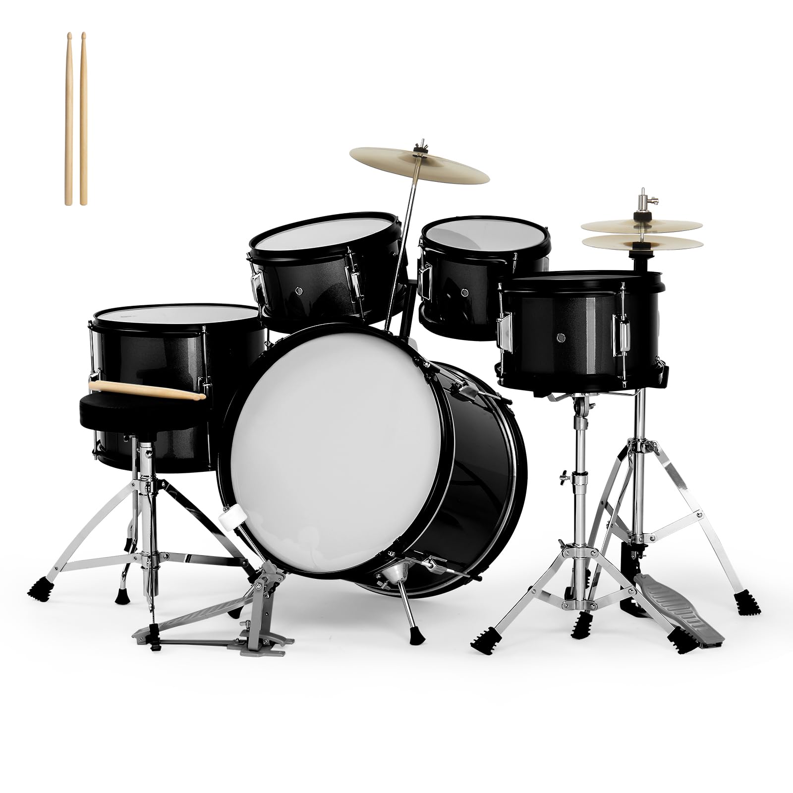 **Ktaxon 5-Piece Complete Junior Drum Set – 16 Inch Kids Drum Kit with Throne Stool, Pedal & Drumsticks – Includes Cymbal, Hi-Hat, Floor Tom, Snare Drum – Perfect for Beginners & Young Musicians (Black) – Ideal for Home Practice, Music Lessons & Kids' Performances**