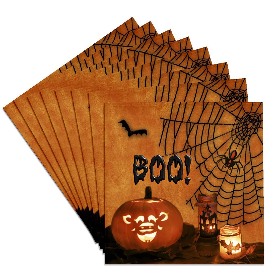 Boo Jack-O-Lantern Halloween Ceramic Tile Coasters Set of 8 - Spooky Bats & Spiders Design - Perfect for Halloween Party Decor, Home Bar & Kitchen Use