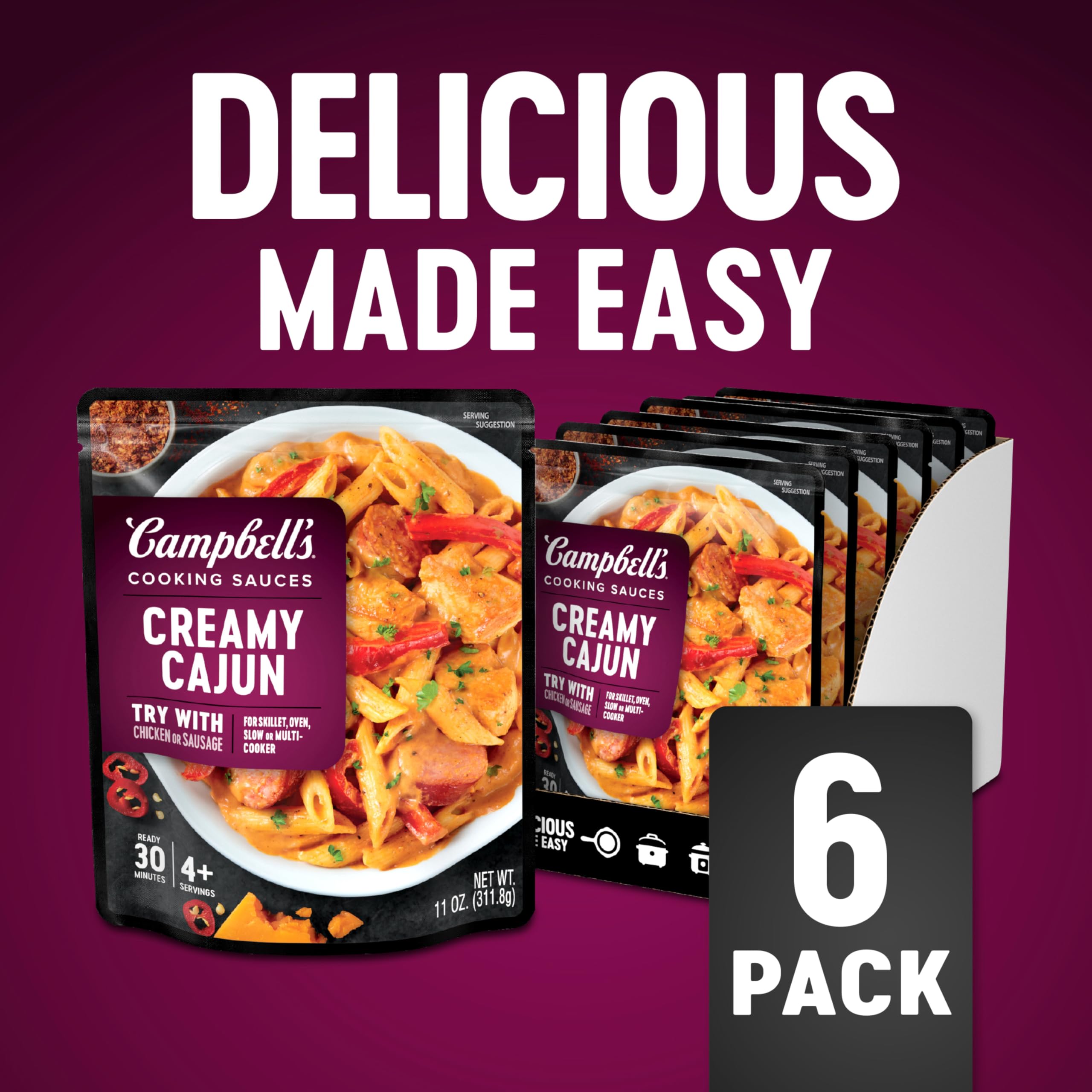 Campbell's Creamy Cajun Cooking Sauce - 11 Oz Pouch (Pack of 6) | Rich & Spicy Flavor for Pasta, Chicken, Seafood & More | Easy Meal Enhancer for Home Chefs & Food Lovers