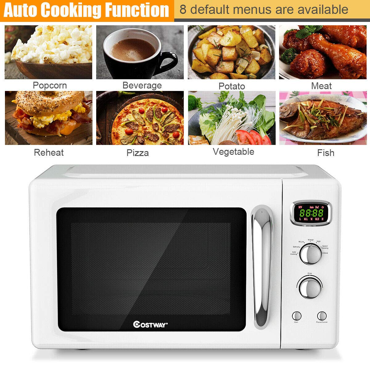 COSTWAY Retro Countertop Microwave Oven - 0.9 Cu.ft 900W Compact Microwave with 5 Power Levels, Defrost & Auto Cook Functions, LED Display, Glass Turntable & Viewing Window, Child Safety Lock (ETL Certified) - Perfect for Small Kitchens, Dorms & Office Break Rooms