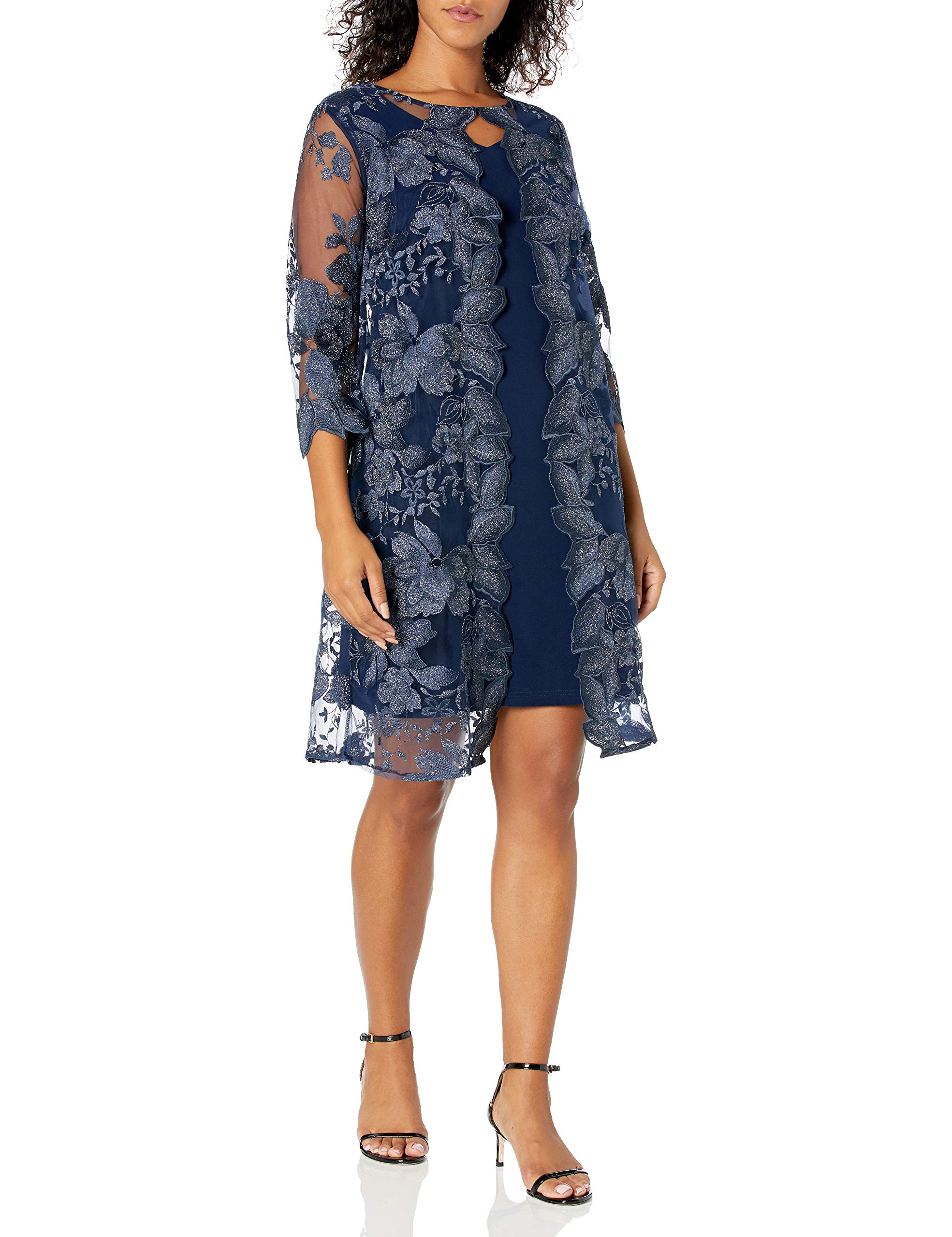 Alex Evenings Women's Embroidered Mock Jacket Dress - Navy Blue, Size 8 | Elegant Cocktail Party & Evening Wear for Special Occasions
