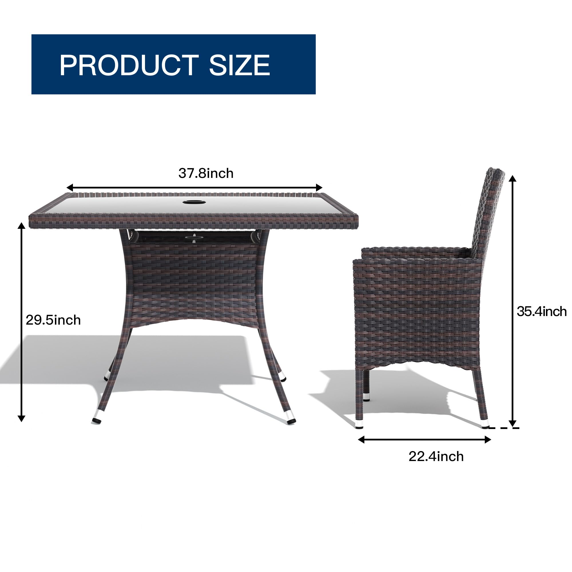 Kullavik 5-Piece Outdoor Dining Set - Patio Rattan Furniture with 4 Chairs & Cushions, Square Glass Tabletop with Umbrella Hole - Perfect for Patio, Backyard, Garden, Poolside & Outdoor Entertaining - Blue
