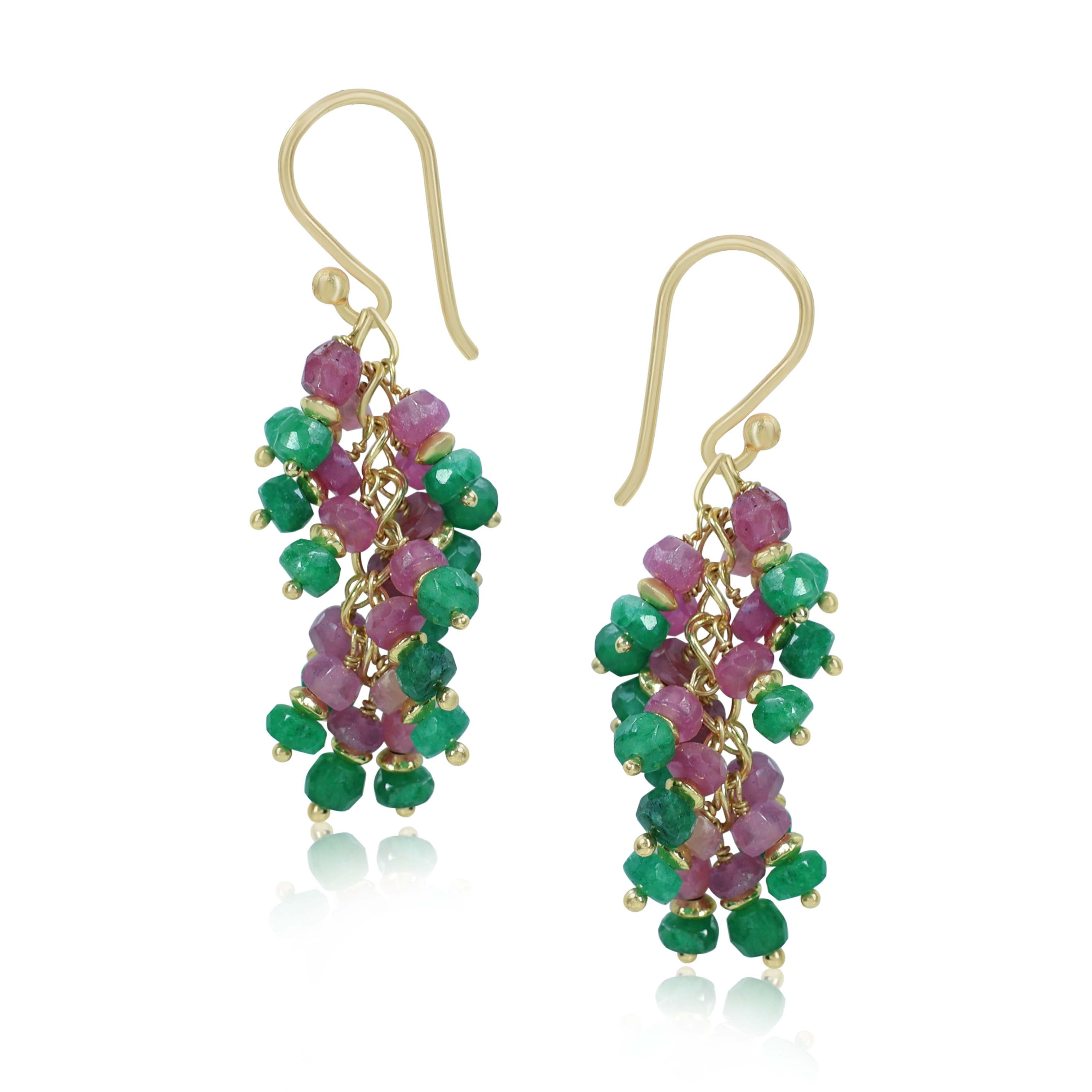 Faceted Natural Emerald Ruby French Hook Beaded Cluster Earrings for Women | Elegant Dangle Earrings for Wedding, Party & Special Occasions